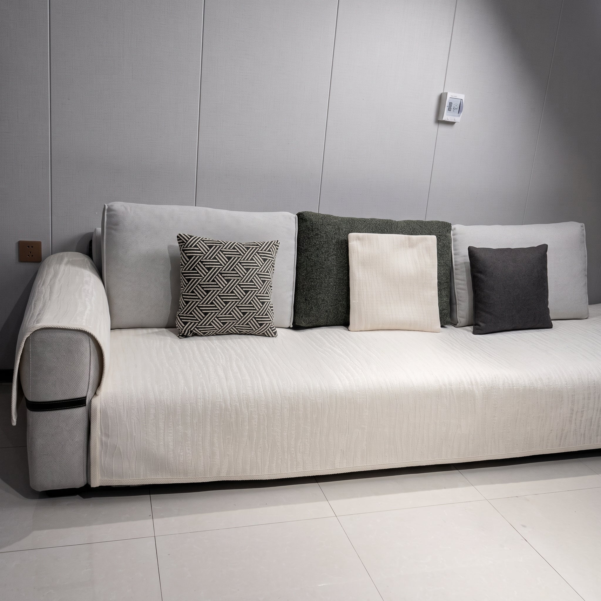 Non-Slip Textured Wave Sofa Cover with Contrast Trim - Sofa Cover - Cream - Oaksoho