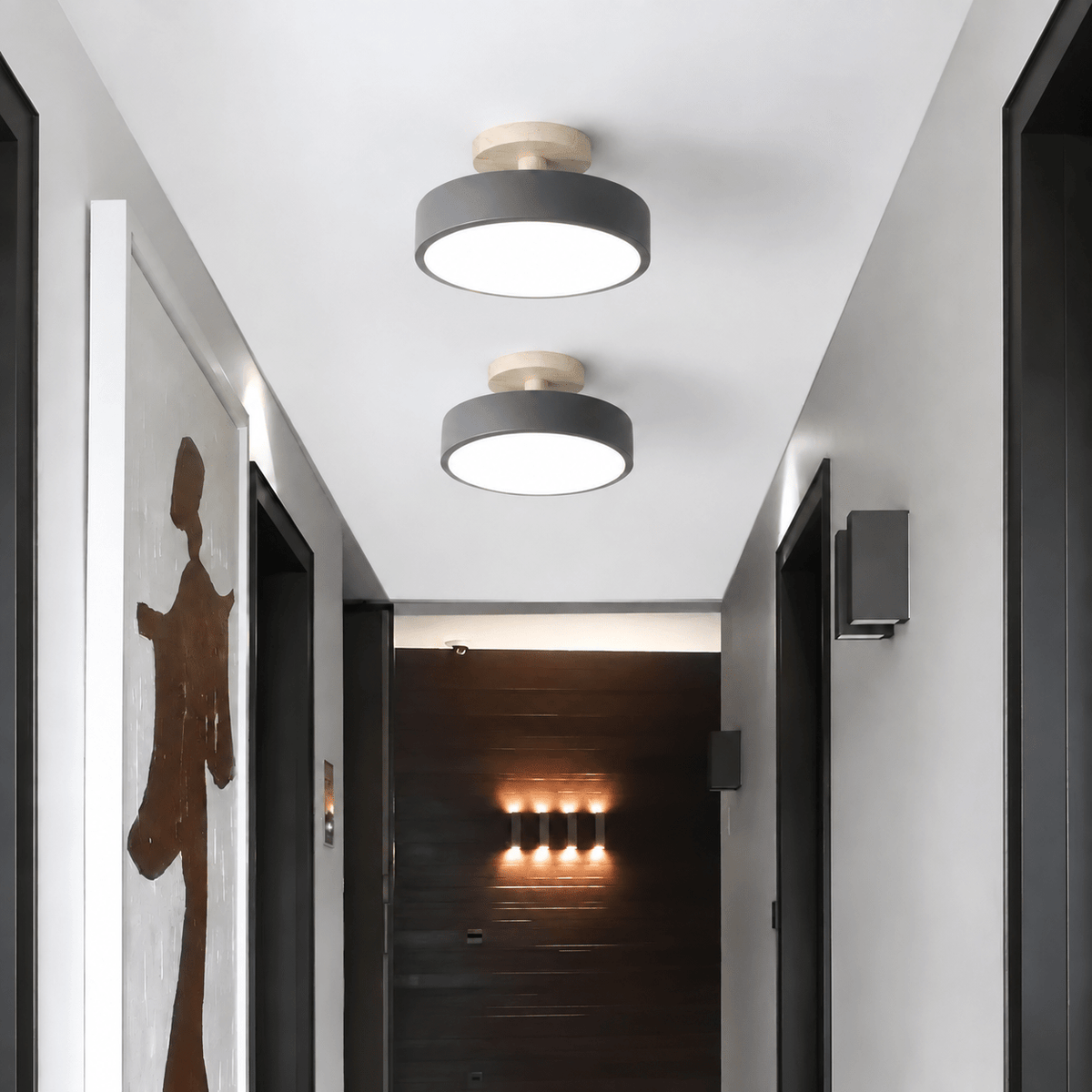 Nordic Style Wooden Round Semi-Flush Ceiling Light - Ceiling Light Fixtures - Grey - Oaksoho