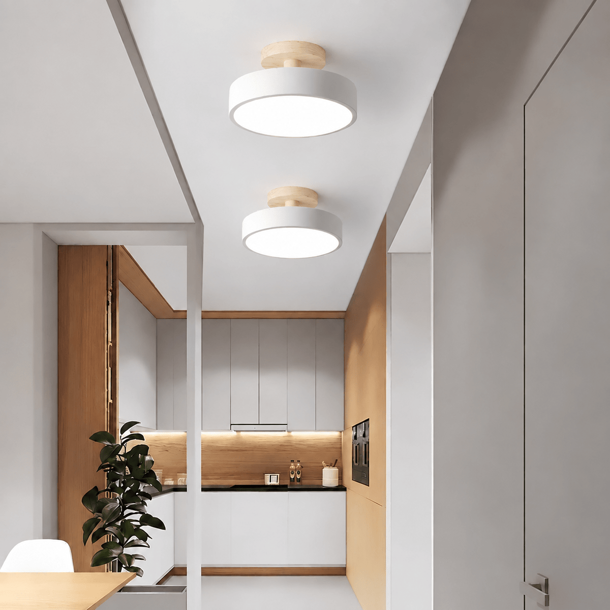 Nordic Style Wooden Round Semi-Flush Ceiling Light - Ceiling Light Fixtures - White - Oaksoho