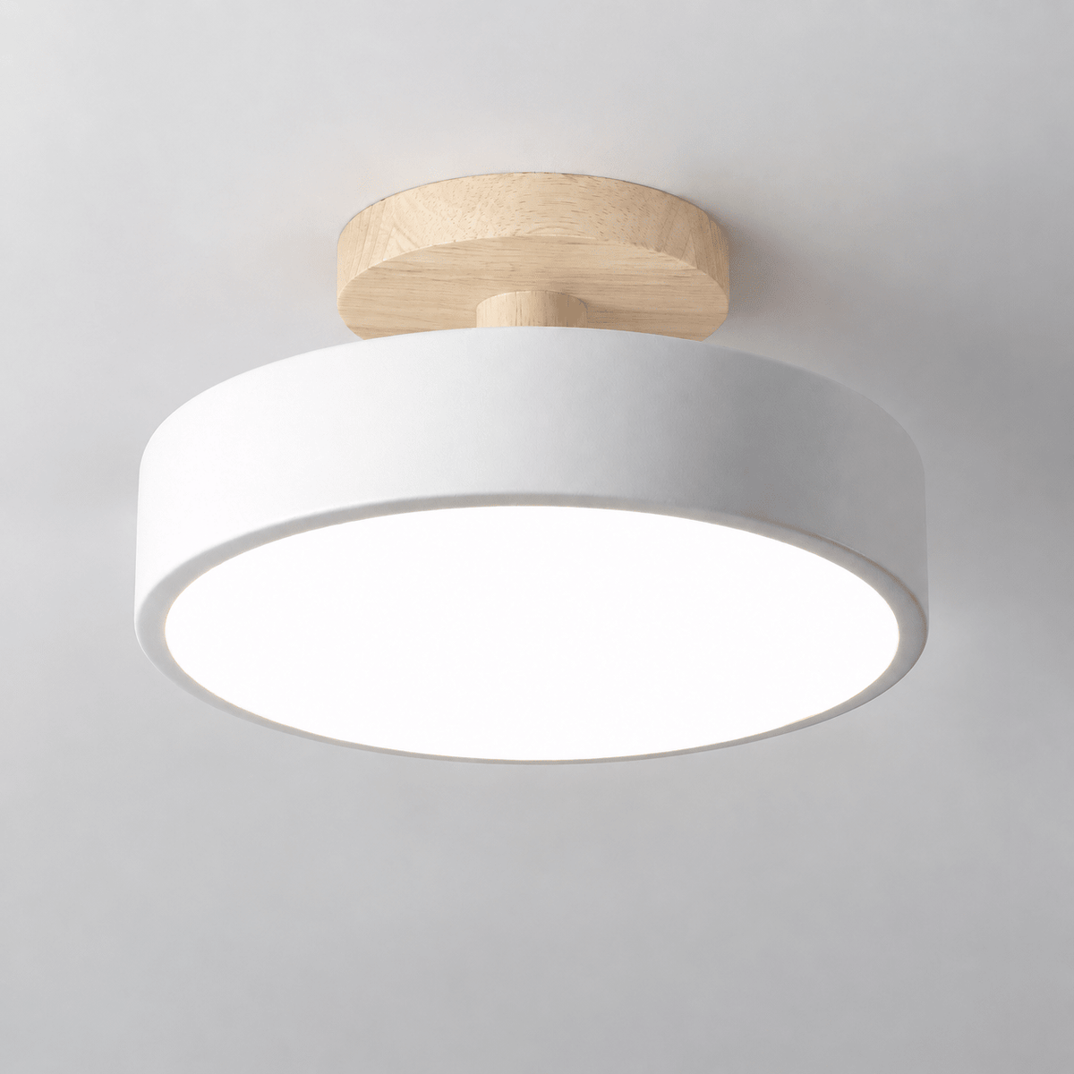 Nordic Style Wooden Round Semi-Flush Ceiling Light - Ceiling Light Fixtures - White - Oaksoho
