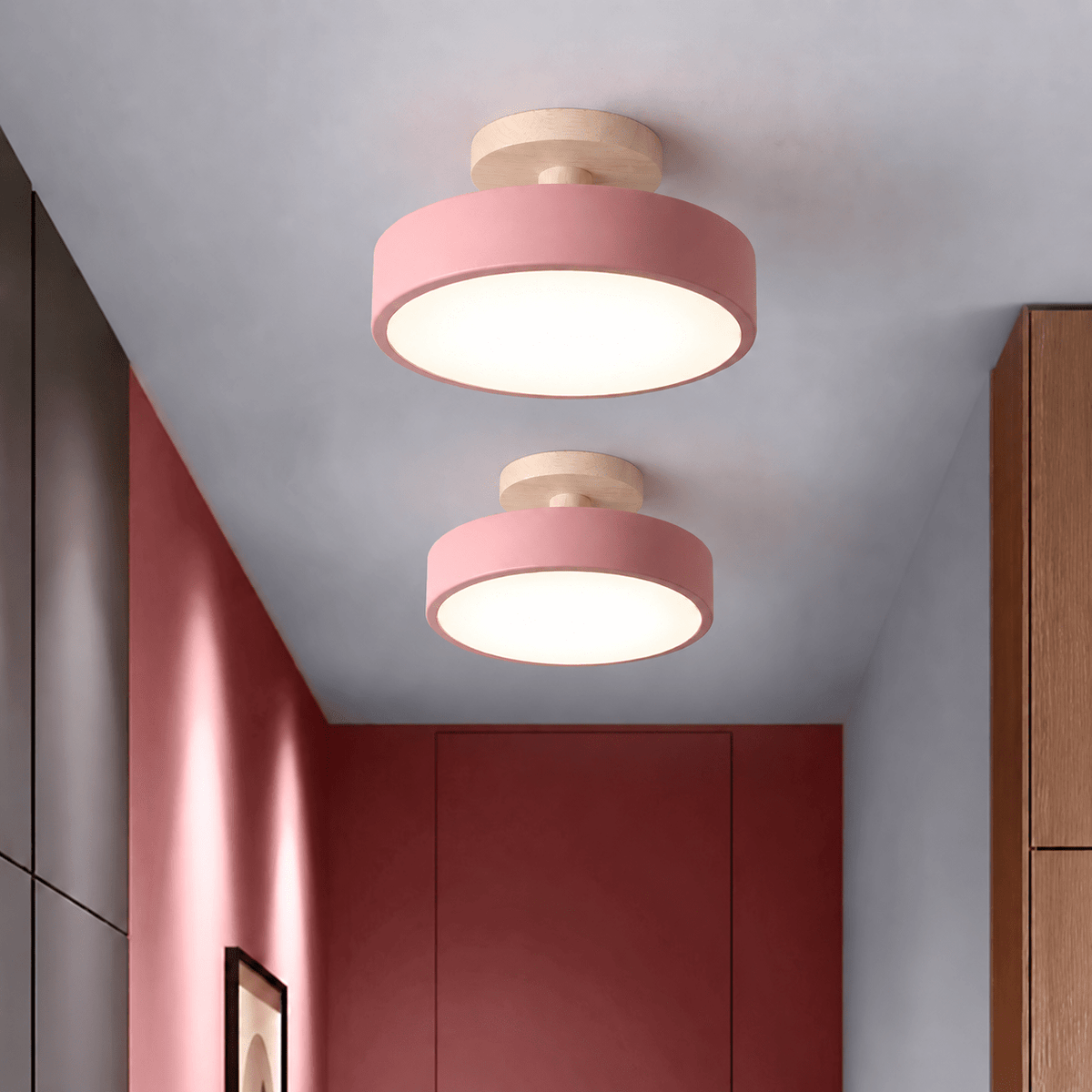 Nordic Style Wooden Round Semi-Flush Ceiling Light - Ceiling Light Fixtures - Pink - Oaksoho