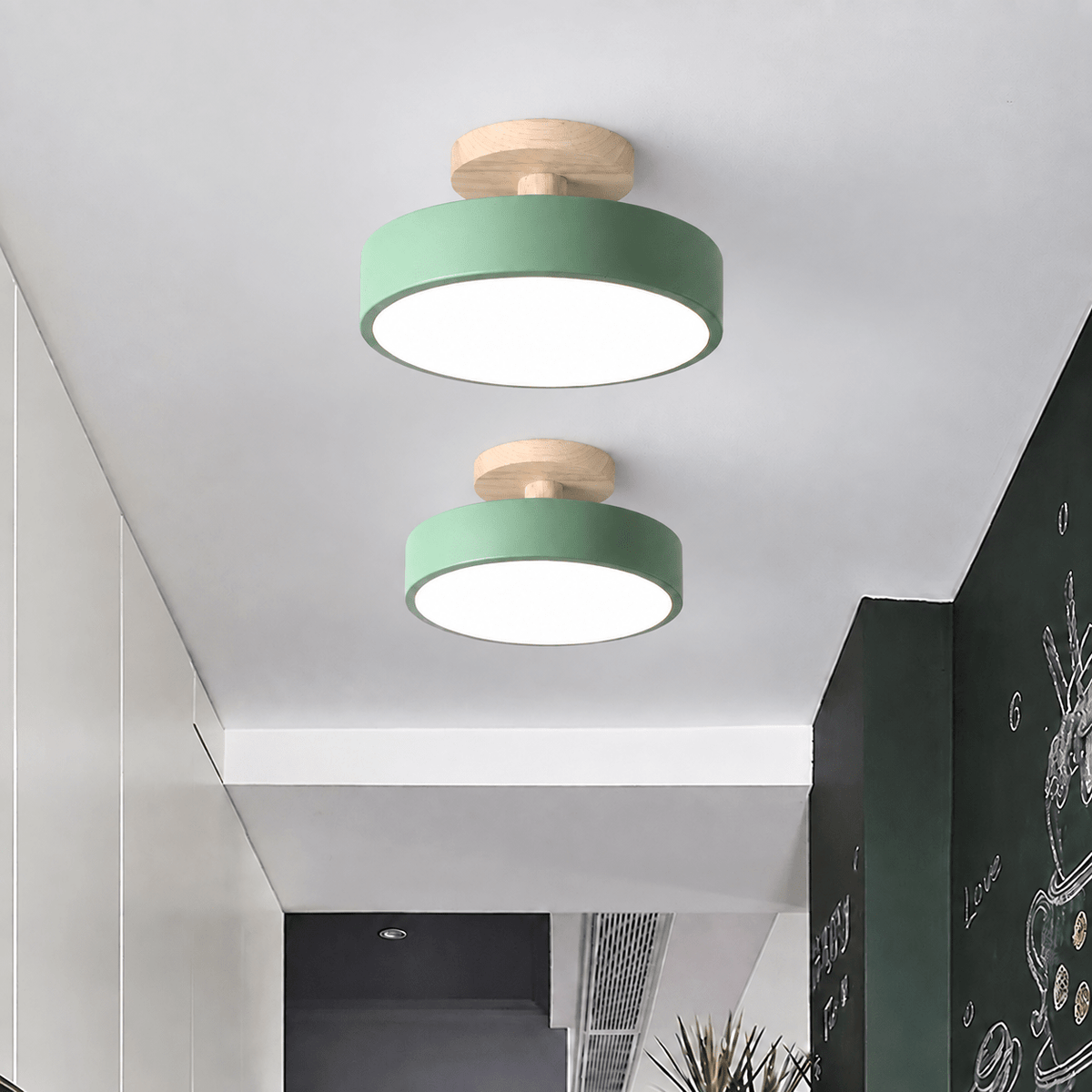 Nordic Style Wooden Round Semi-Flush Ceiling Light - Ceiling Light Fixtures - Green - Oaksoho