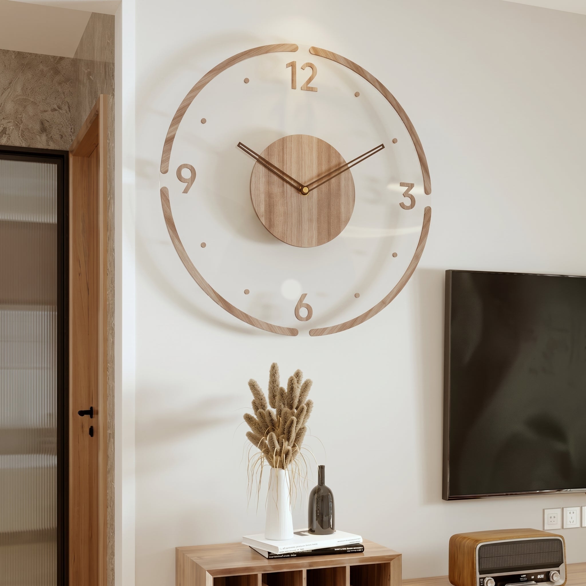 Nordic Wall Clock in Open Design with Wood Detail - Wall Clock - Classic - Oaksoho