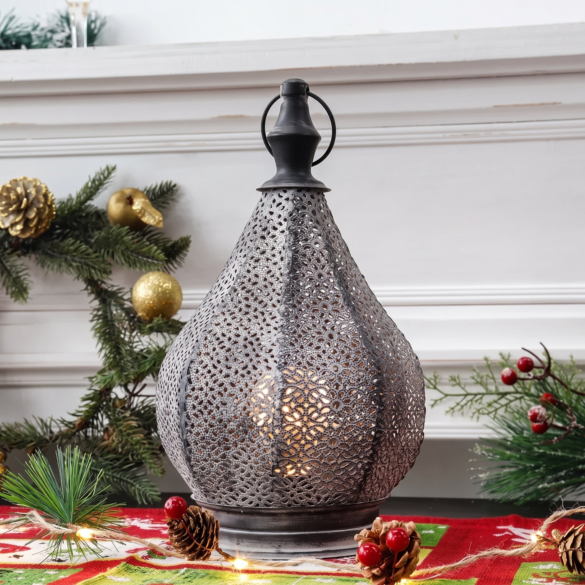 Oriental Filigree Table Lantern with Perforated Metal Design - Decorative Lanterns - Oaksoho