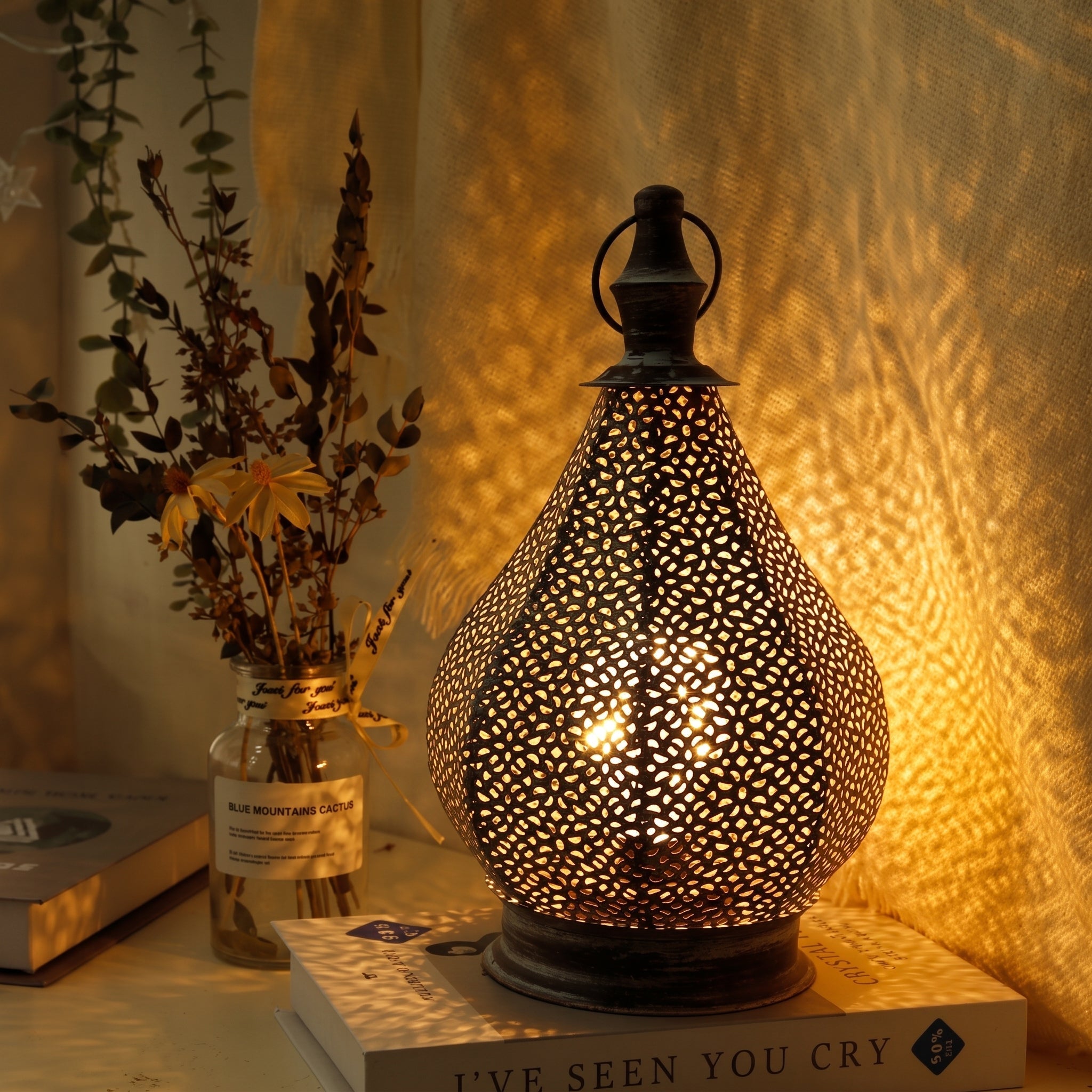 Oriental Filigree Table Lantern with Perforated Metal Design - Decorative Lanterns - Oaksoho