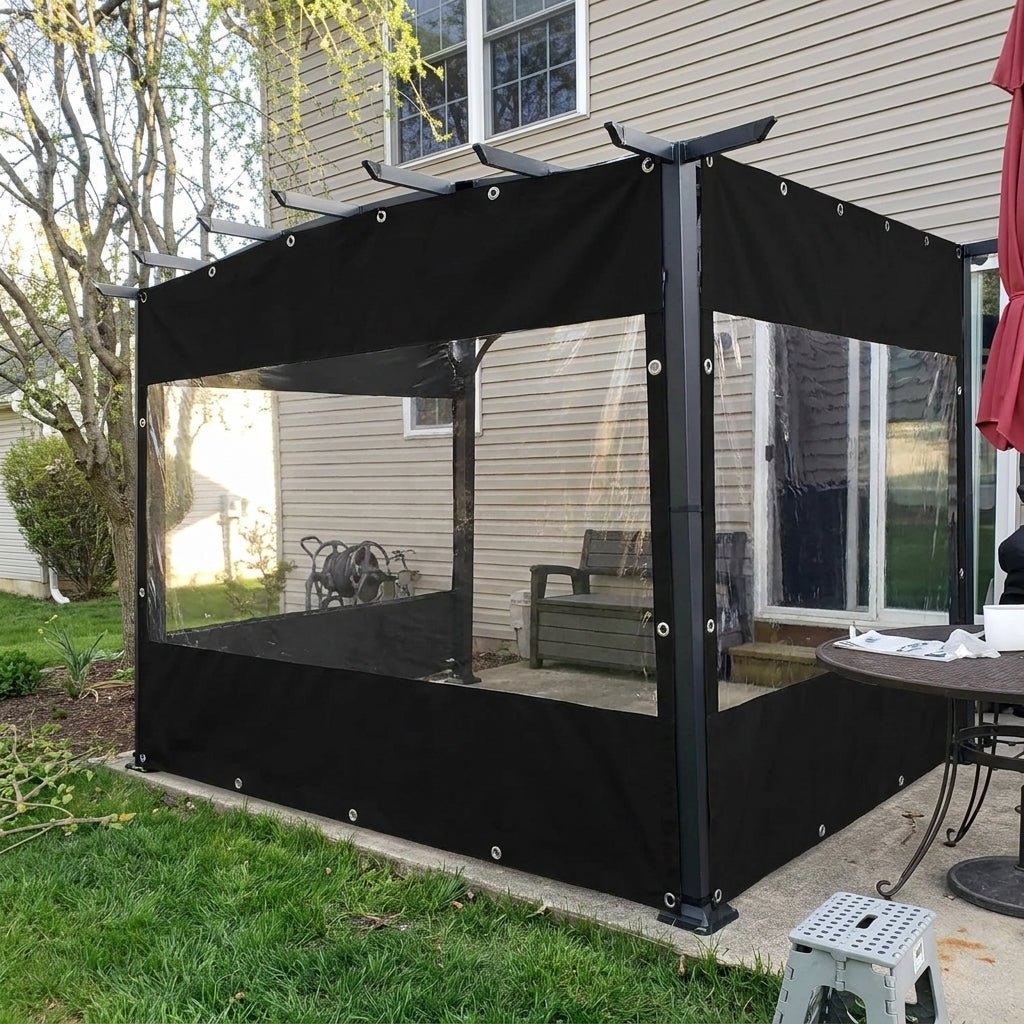 Outdoor Curtain with Transparent Window and Eyelets - Outdoor Curtain - Black - Oaksoho