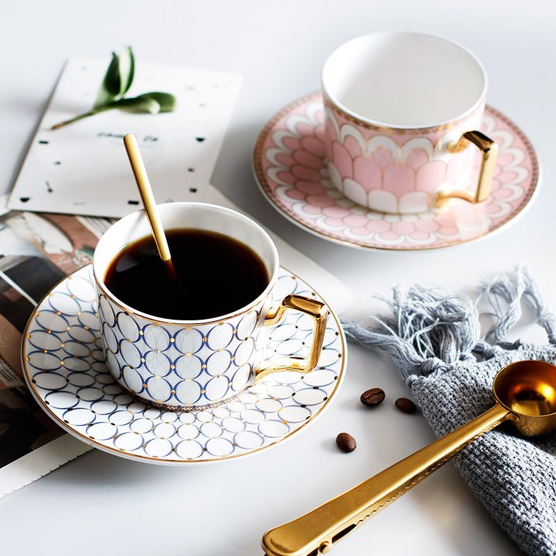 Patterned Tea Cup Set with Golden Handles and Saucer - Tea Cup and Saucer - Pink - Oaksoho