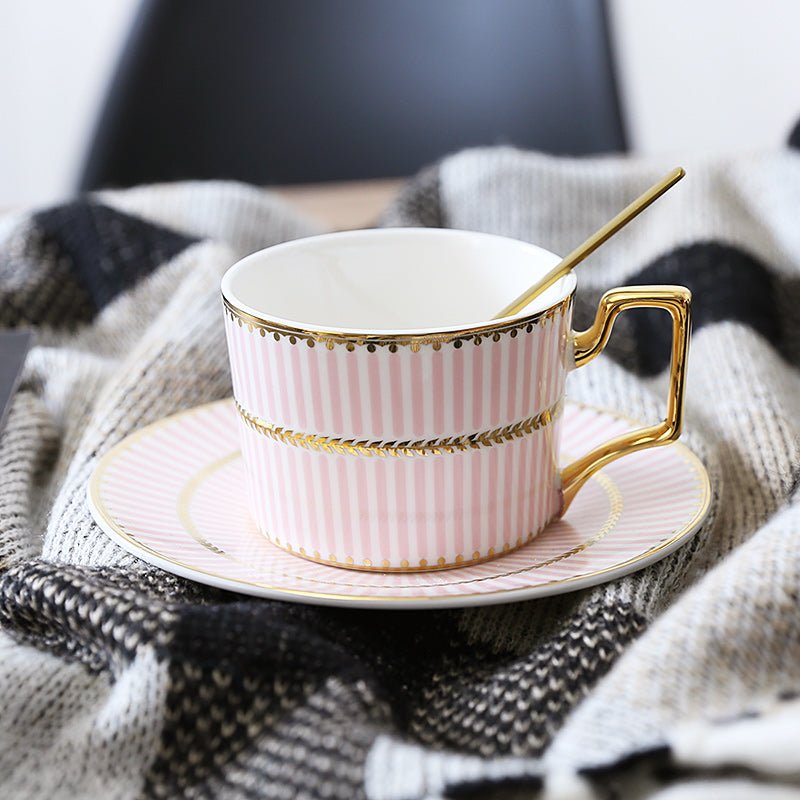 Patterned Tea Cup Set with Golden Handles and Saucer - Tea Cup and Saucer - Pink - Oaksoho