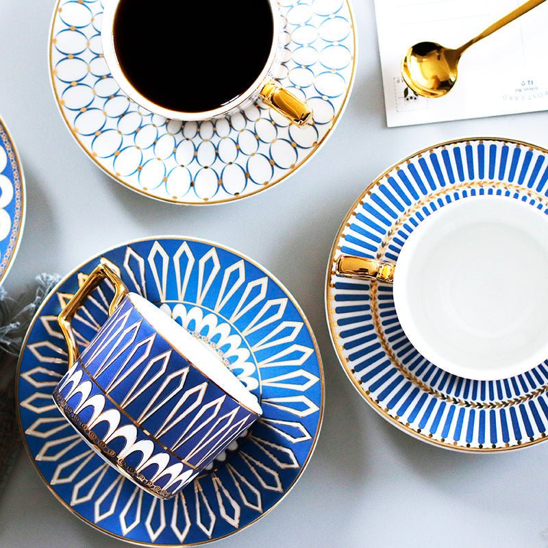 Patterned Tea Cup Set with Golden Handles and Saucer - Tea Cup and Saucer - Pink - Oaksoho
