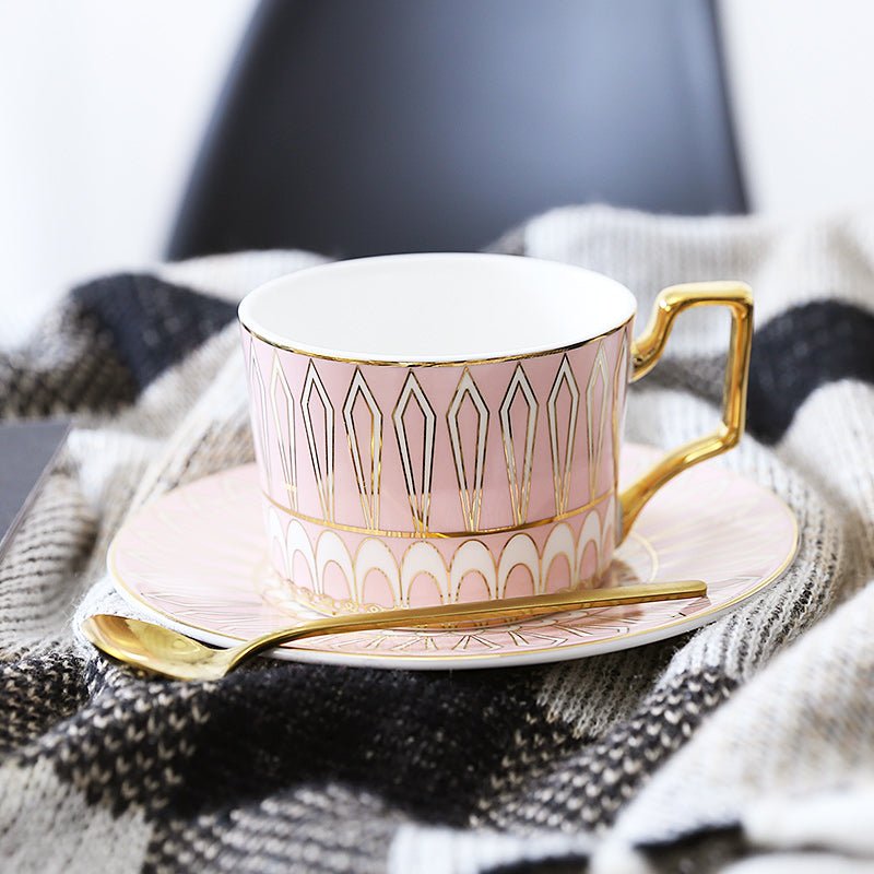 Patterned Tea Cup Set with Golden Handles and Saucer - Tea Cup and Saucer - Pink - Oaksoho