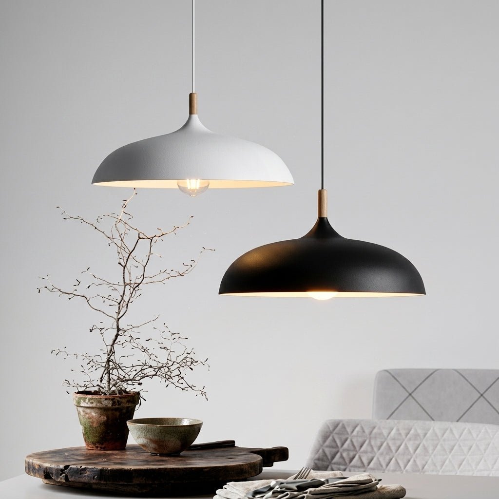 Pendant Lamp with Matte Dome Shade and Wood Accent - Pendat Light - Black - Oaksoho