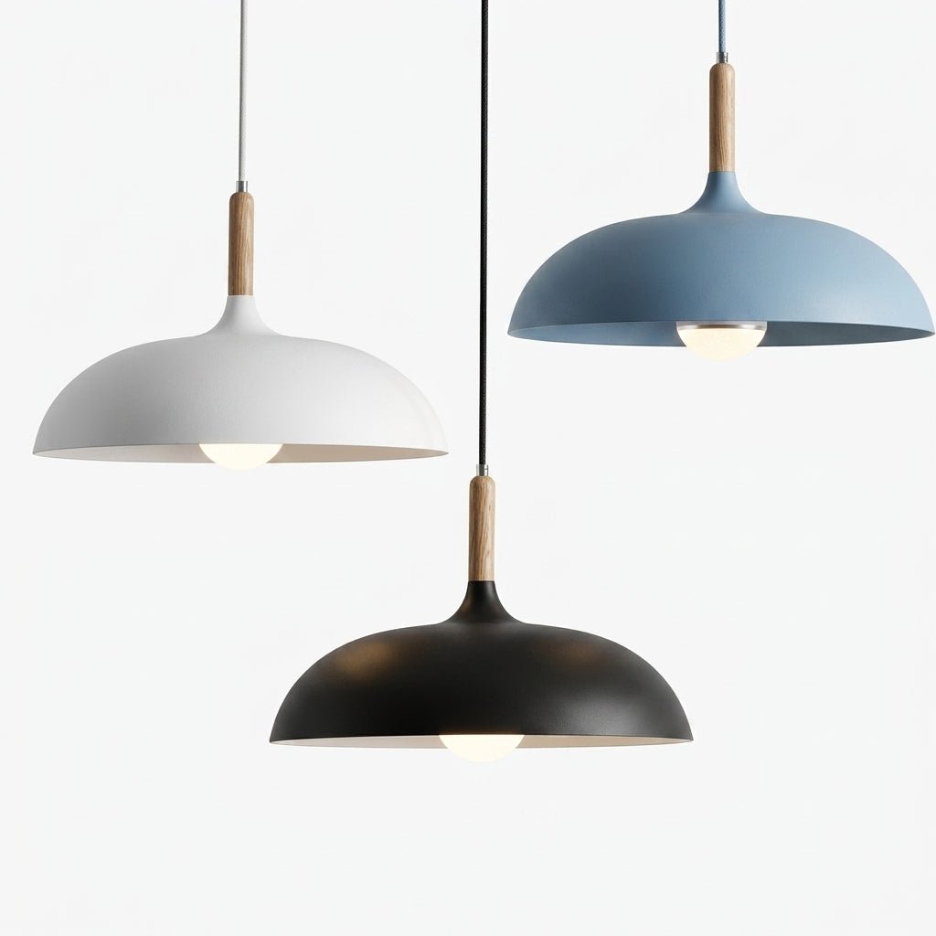 Pendant Lamp with Matte Dome Shade and Wood Accent - Pendat Light - Black - Oaksoho