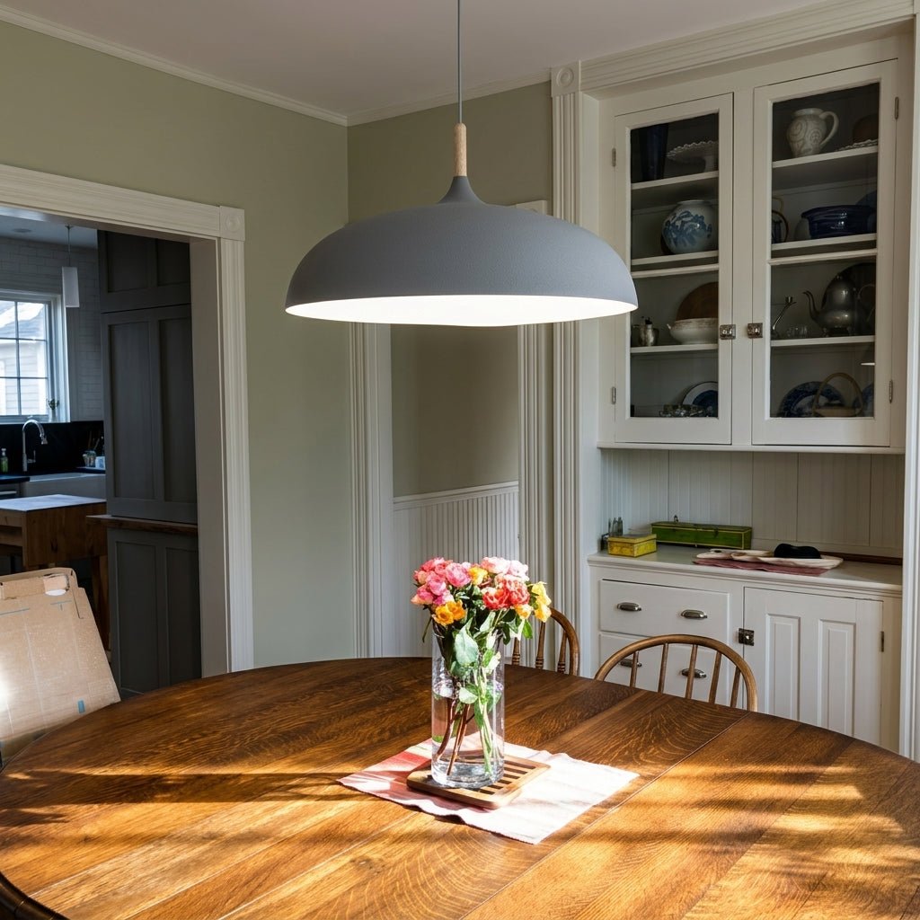Pendant Lamp with Matte Dome Shade and Wood Accent - Pendat Light - Grey - Oaksoho