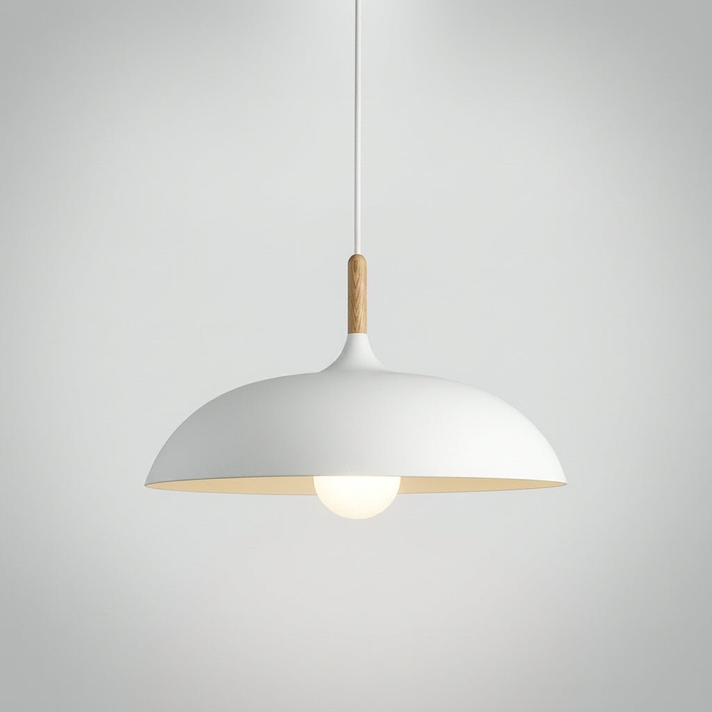 Pendant Lamp with Matte Dome Shade and Wood Accent - Pendat Light - White - Oaksoho