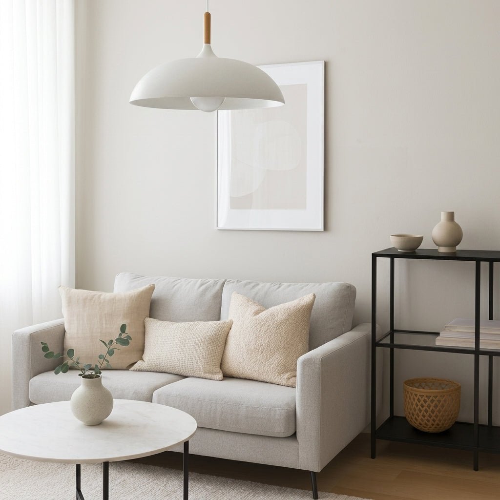 Pendant Lamp with Matte Dome Shade and Wood Accent - Pendat Light - White - Oaksoho