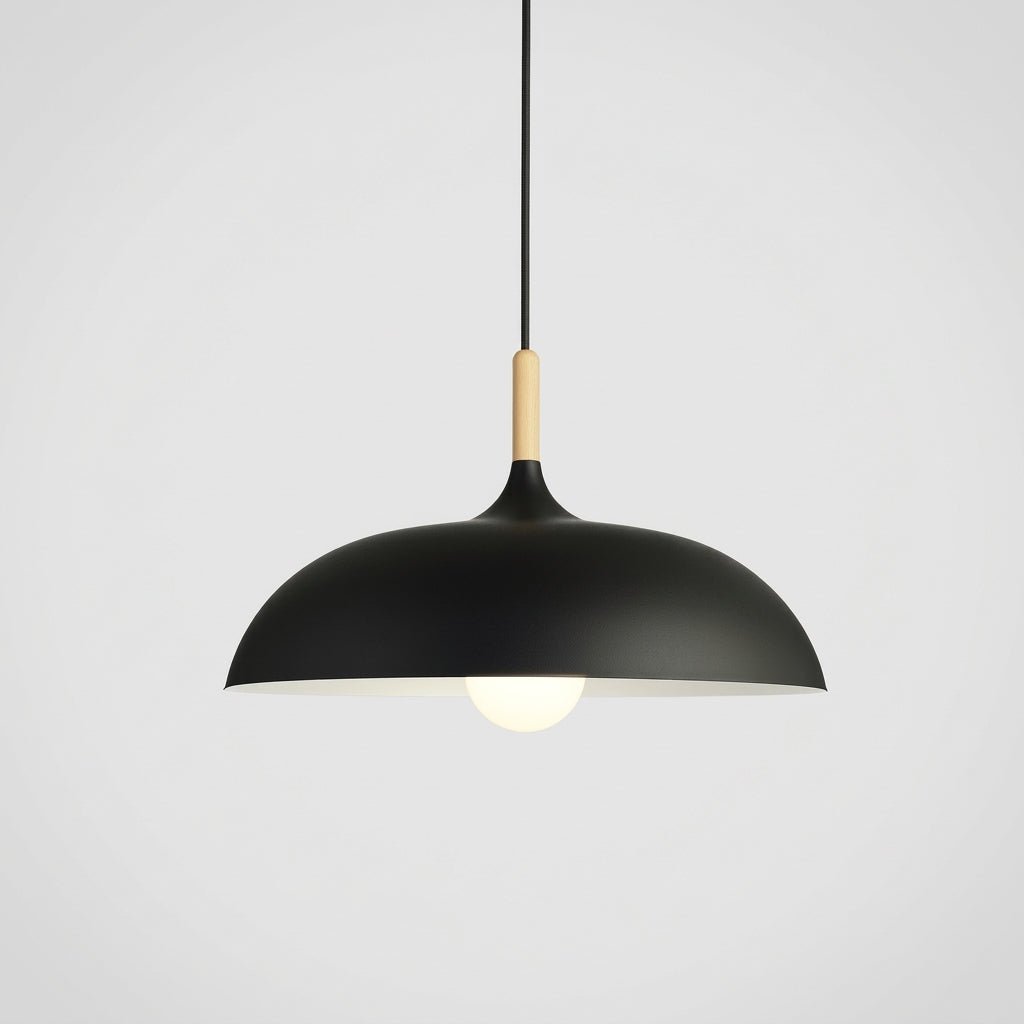 Pendant Lamp with Matte Dome Shade and Wood Accent - Pendat Light - Black - Oaksoho
