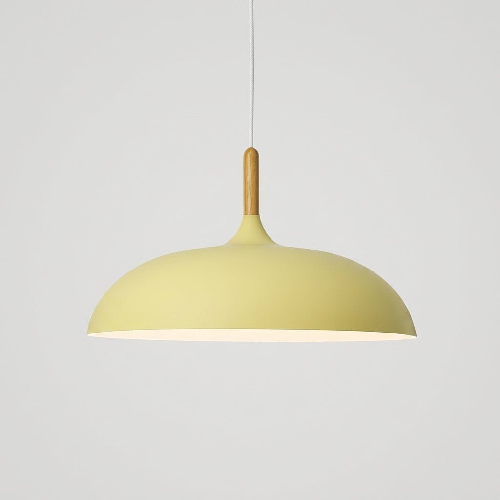 Pendant Lamp with Matte Dome Shade and Wood Accent - Pendat Light - Light Yellow - Oaksoho