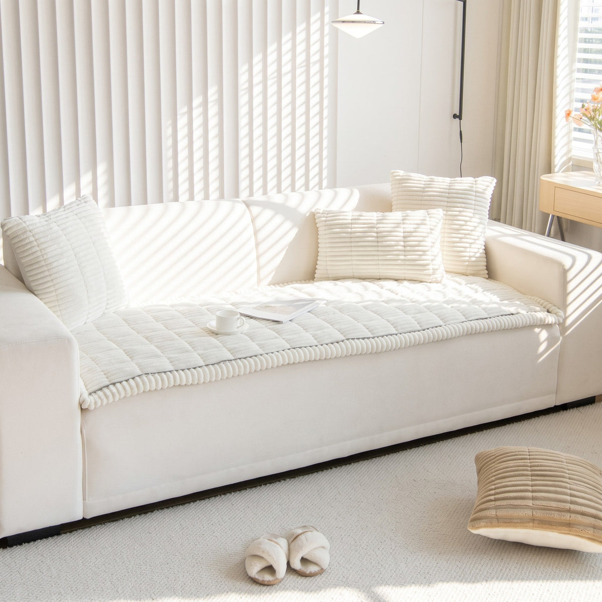 Quilted Plush Sofa Cover Furniture Protector Throw - Slipcovers - Light Grey - Oak Soho