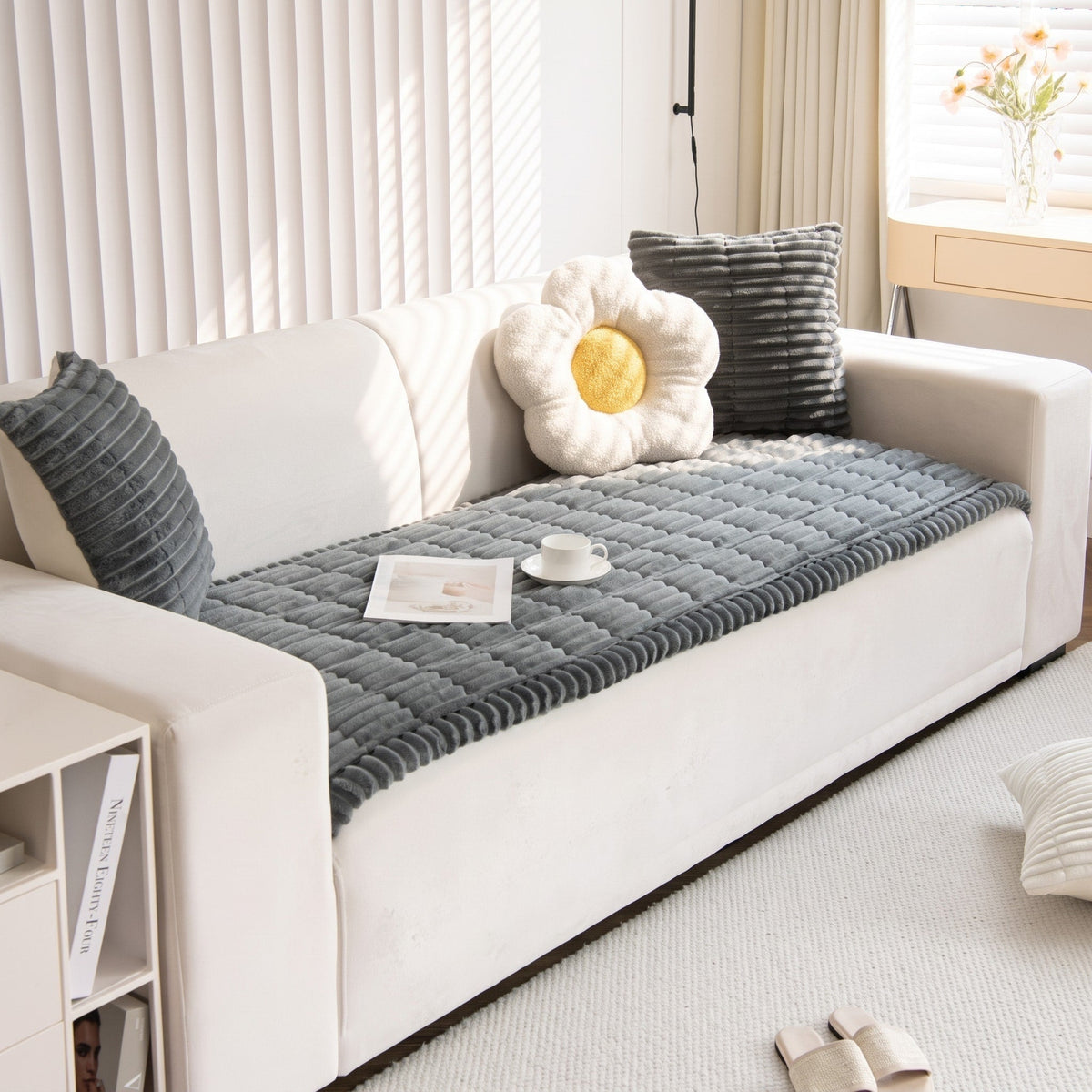 Quilted Plush Sofa Cover Furniture Protector Throw - Slipcovers - White - Oak Soho