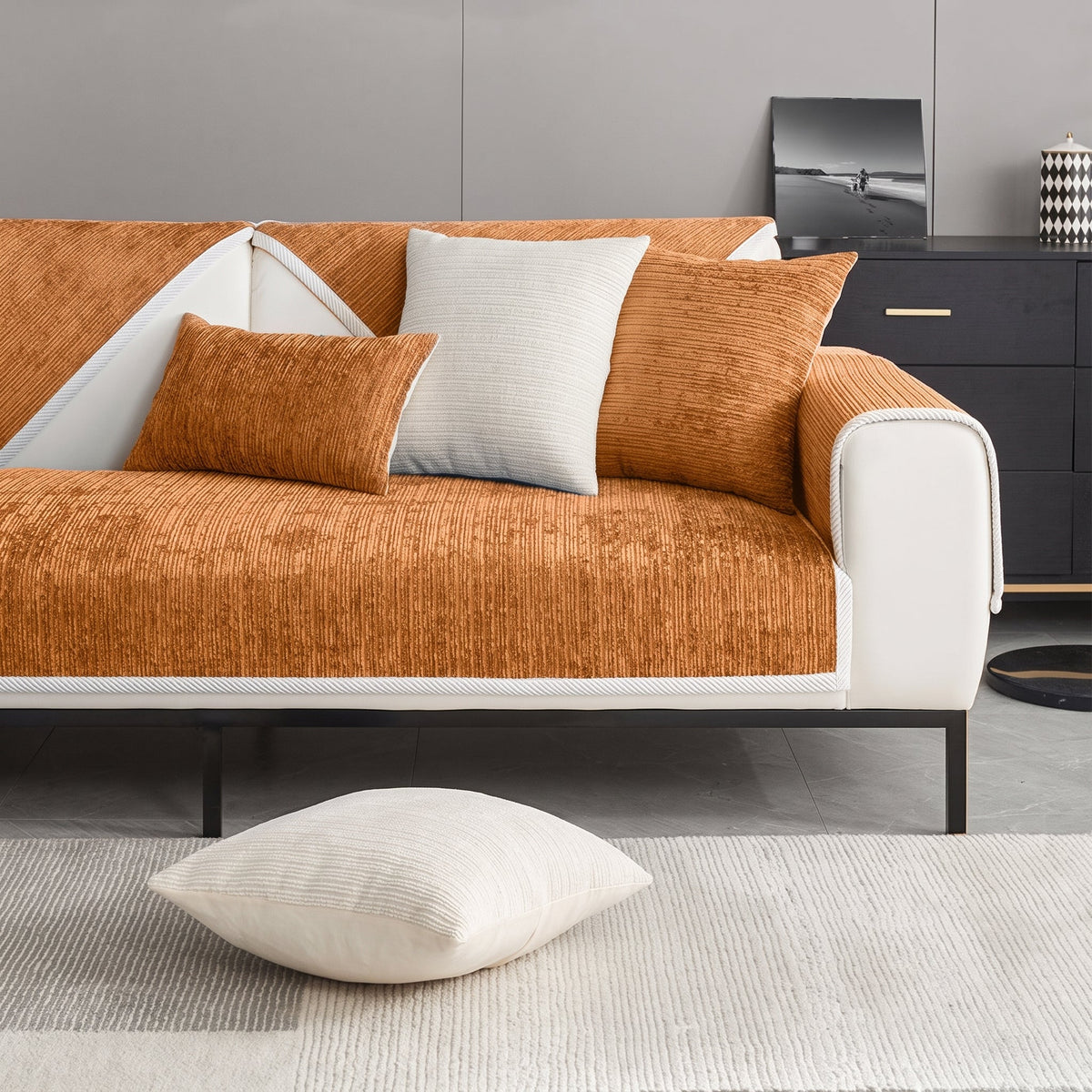 Ribbed Chenille Sofa Cover with Non-Slip Backing - Slipcovers - Orange - Oak Soho