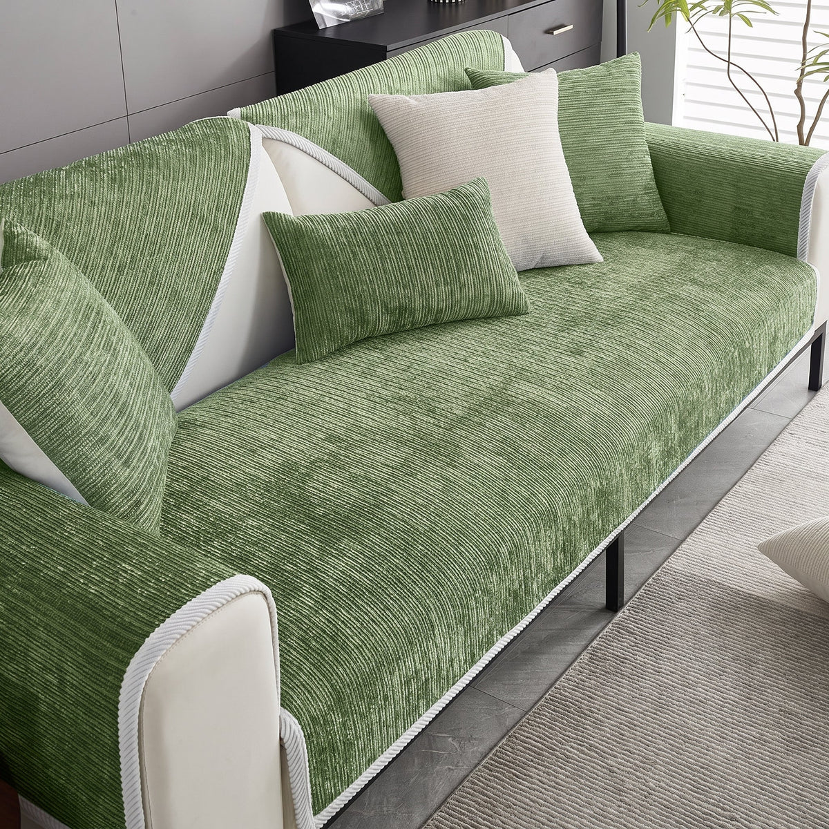 Ribbed Chenille Sofa Cover with Non-Slip Backing - Slipcovers - Green - Oak Soho