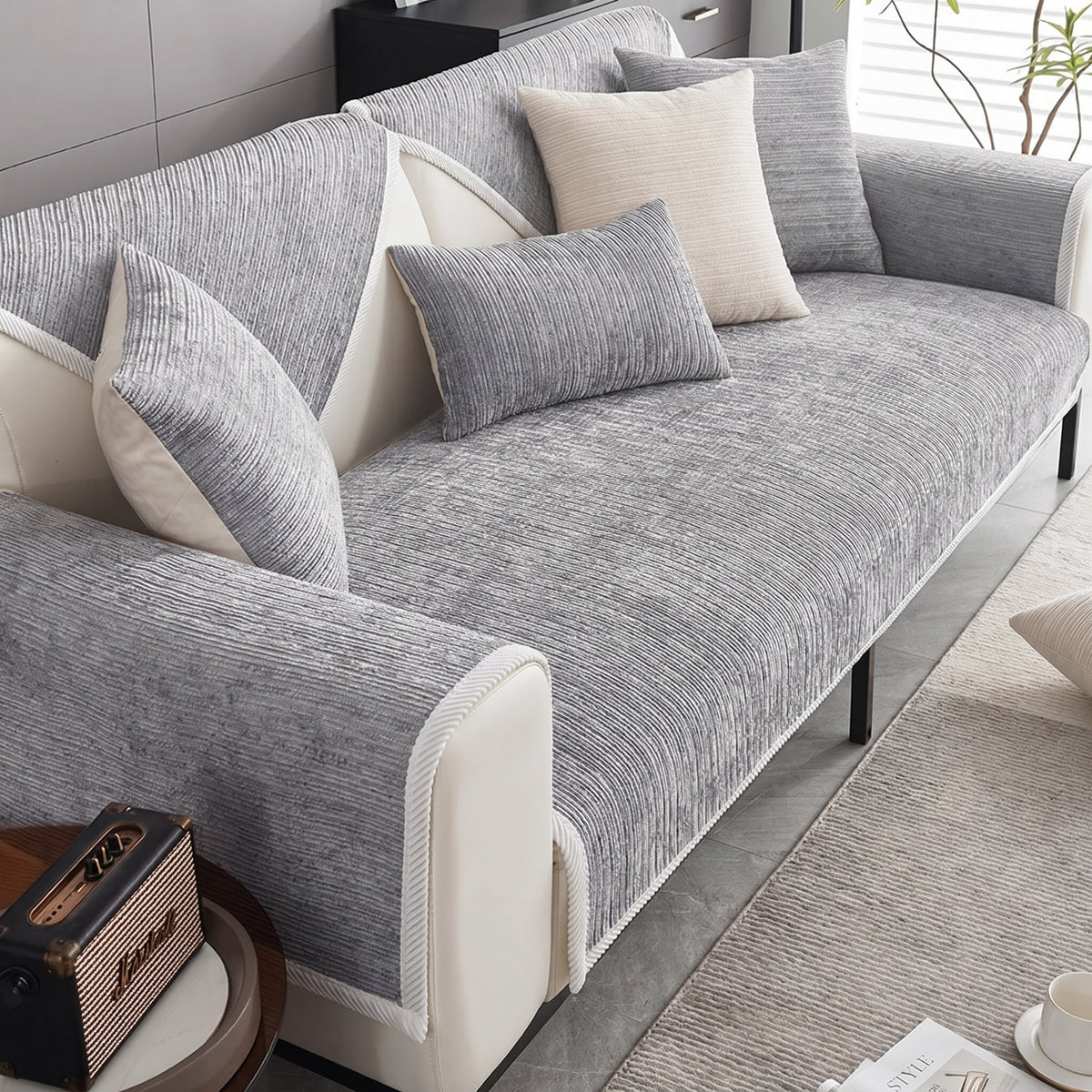 Ribbed Chenille Sofa Cover with Non-Slip Backing - Slipcovers - Grey - Oak Soho