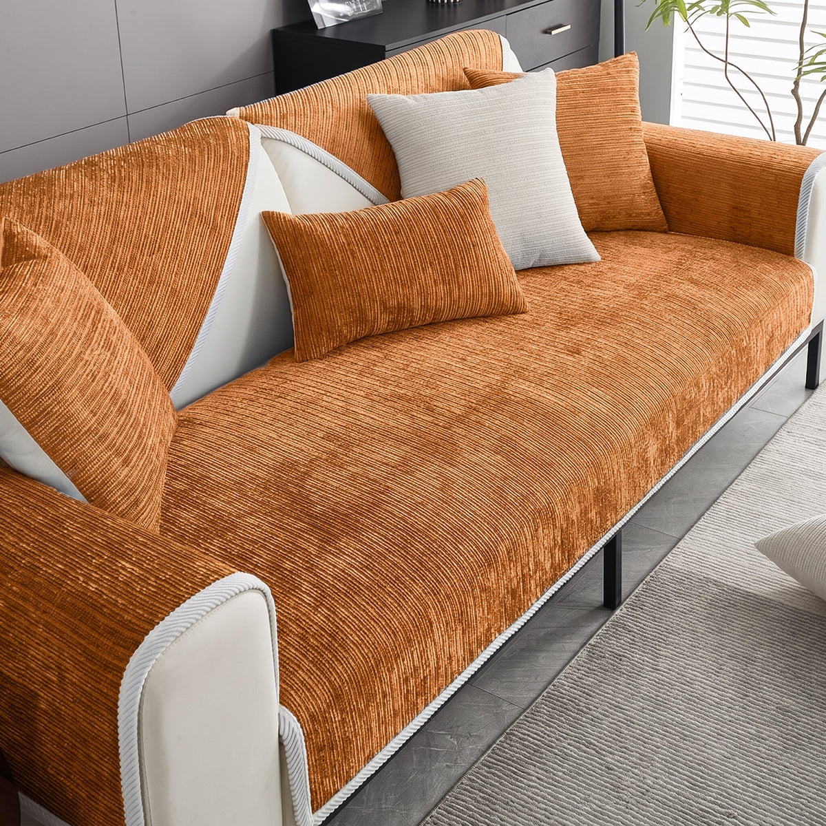 Ribbed Chenille Sofa Cover with Non-Slip Backing - Slipcovers - Orange - Oak Soho