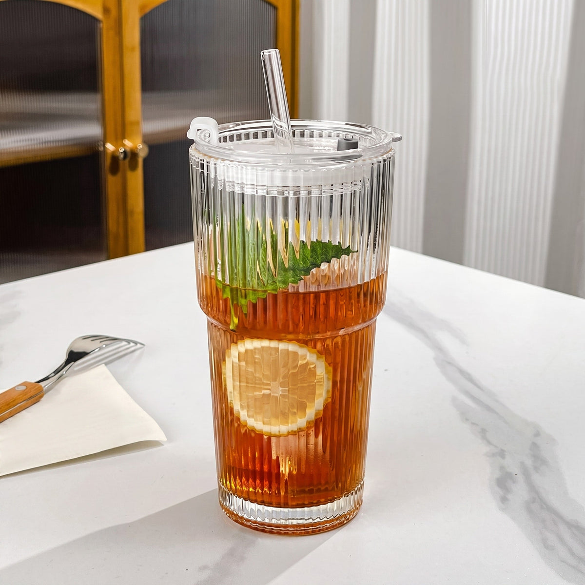Ribbed Glass Cup with Lid and Straw - Tumblers - Large - Oaksoho