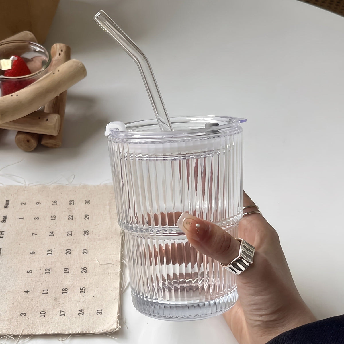 Ribbed Glass Cup with Lid and Straw - Tumblers - Small - Oaksoho