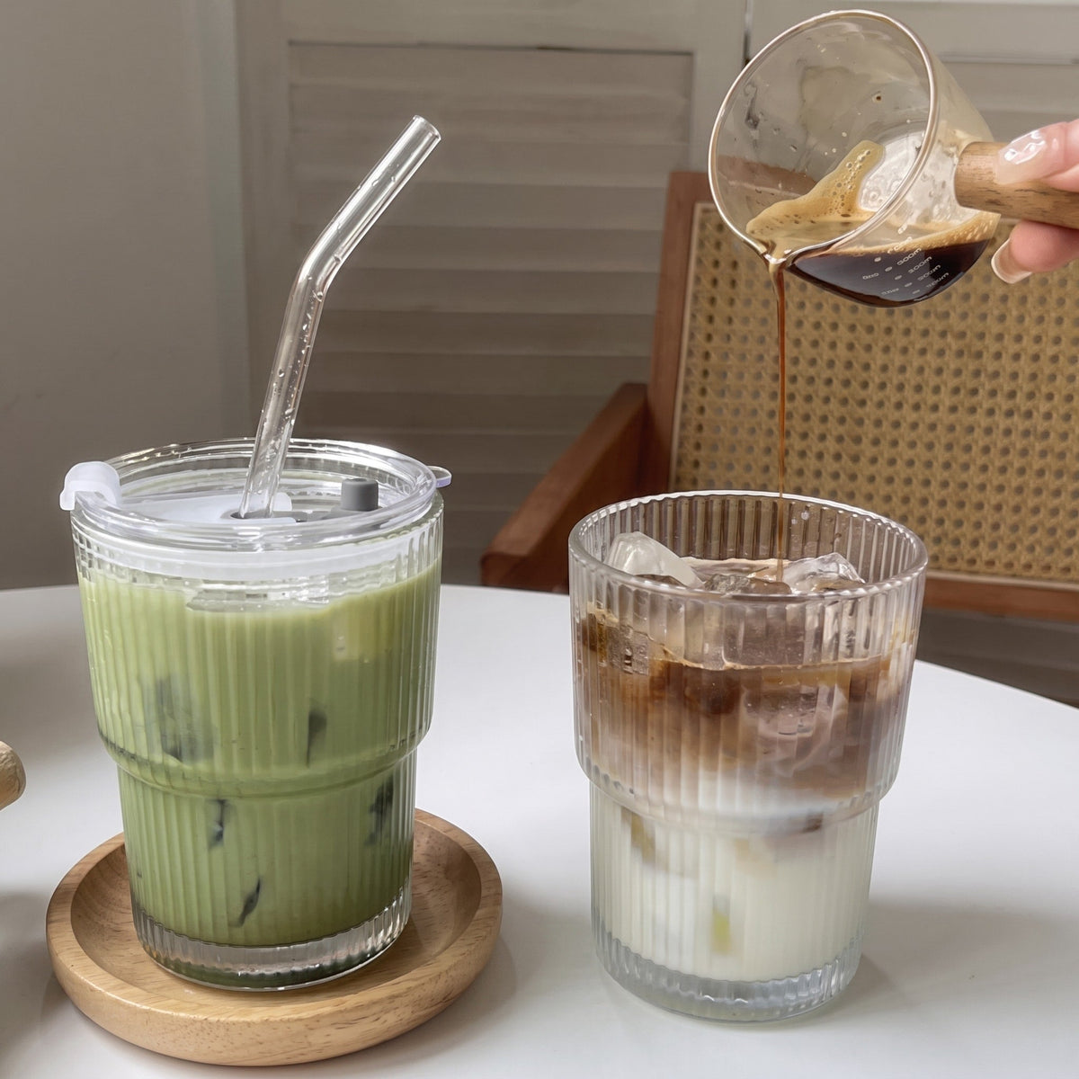 Ribbed Glass Cup with Lid and Straw - Tumblers - Small - Oaksoho