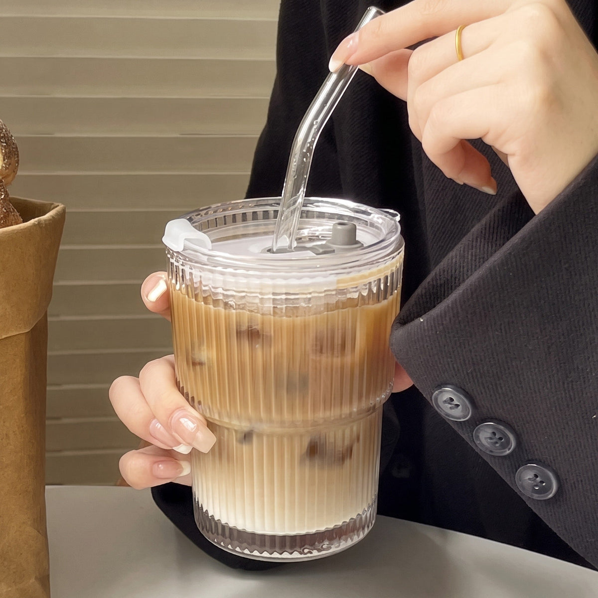 Ribbed Glass Cup with Lid and Straw - Tumblers - Small - Oaksoho