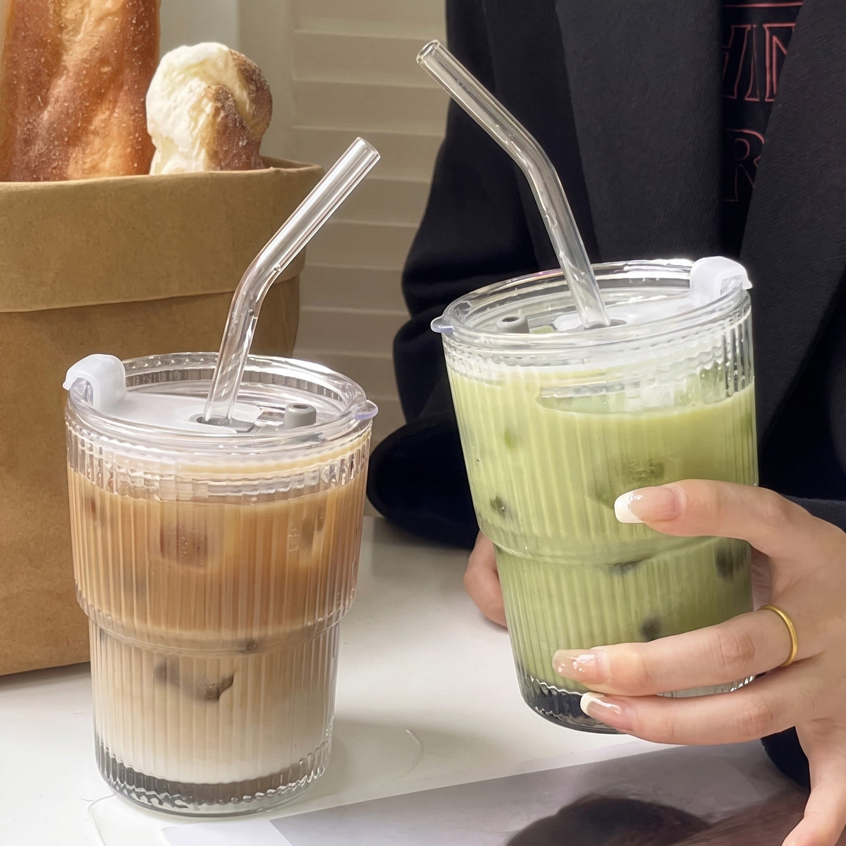 Ribbed Glass Cup with Lid and Straw - Tumblers - Small - Oaksoho