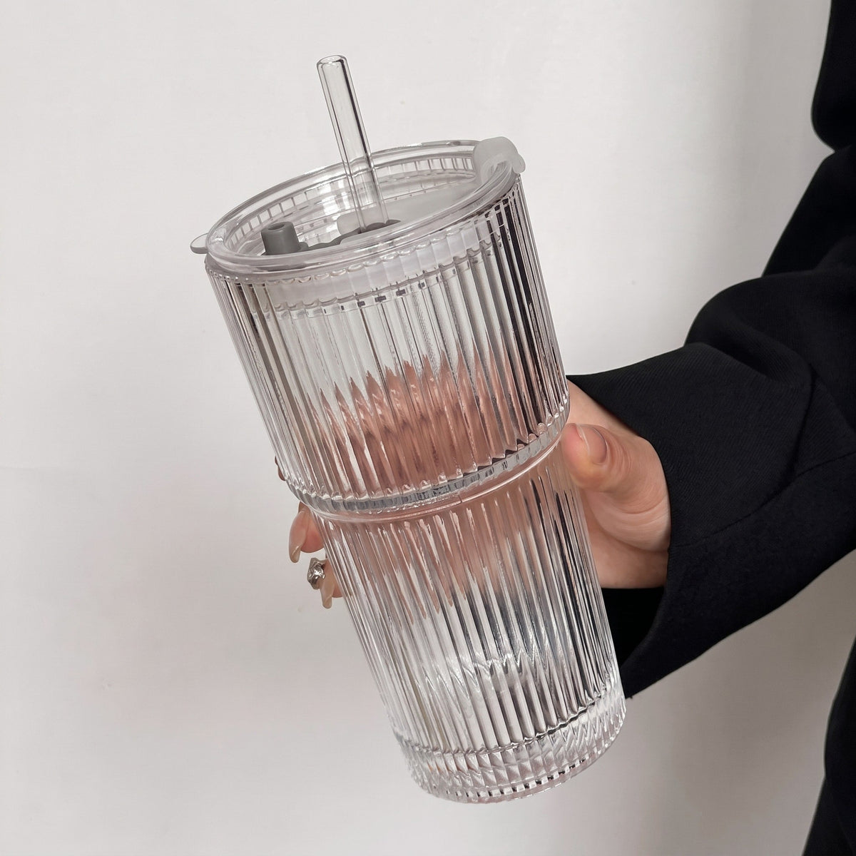 Ribbed Glass Cup with Lid and Straw - Tumblers - Large - Oaksoho