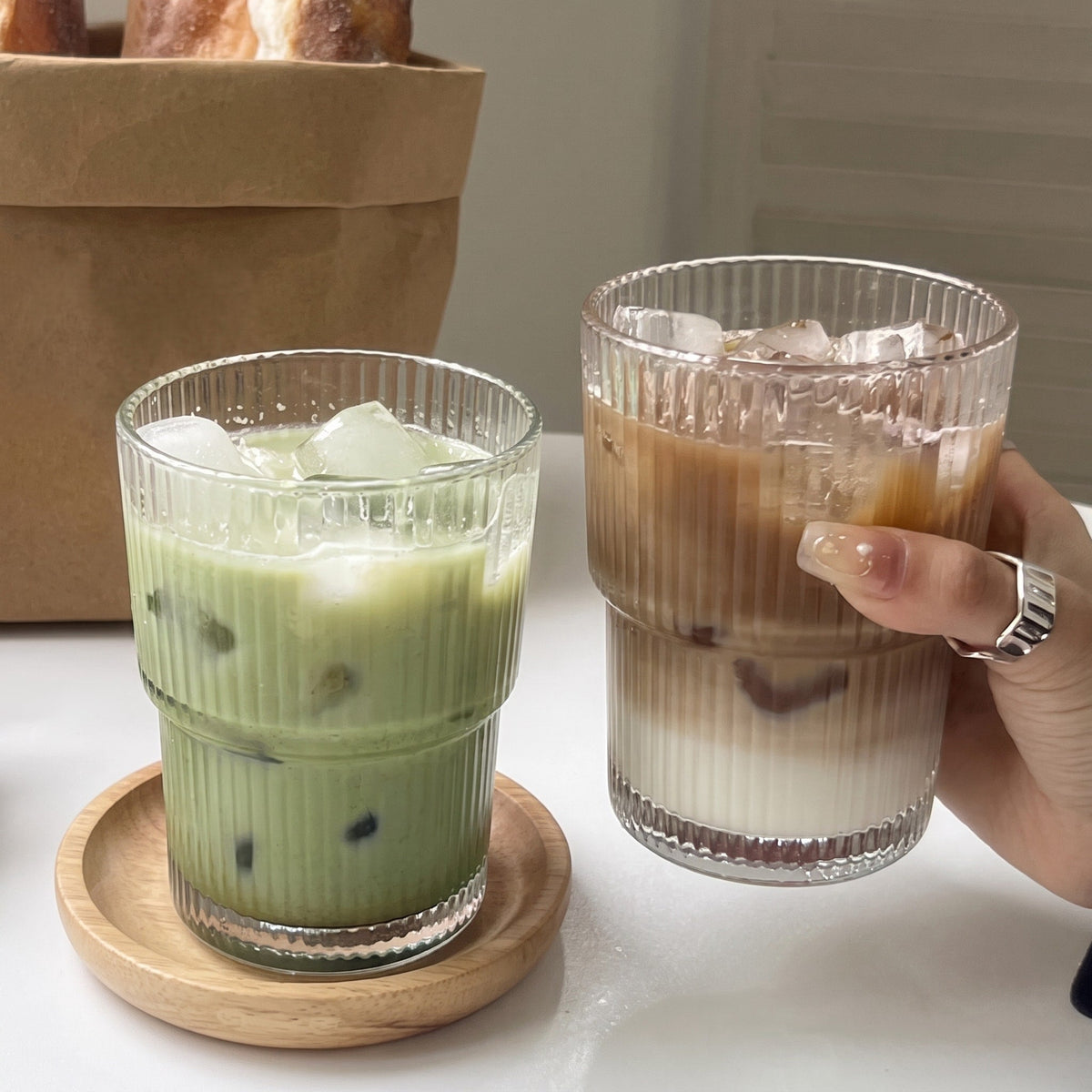 Ribbed Glass Cup with Lid and Straw - Tumblers - Small - Oaksoho