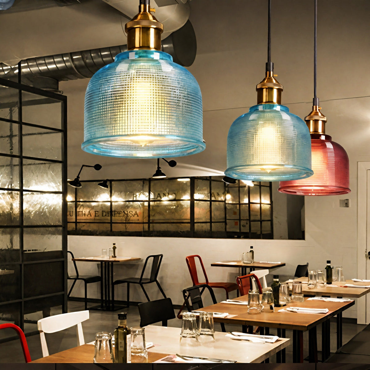 Ribbed Glass Dome Pendant Light with Brass Fitting - Pendant Light Fixtures - Blue - Oaksoho