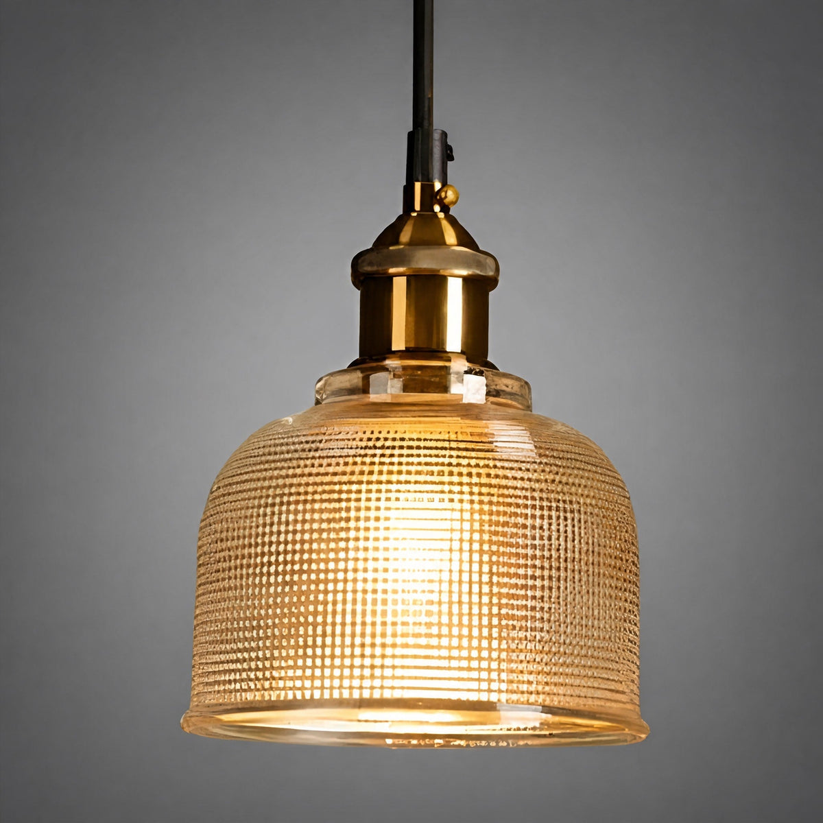 Ribbed Glass Dome Pendant Light with Brass Fitting - Pendant Light Fixtures - Brown - Oaksoho
