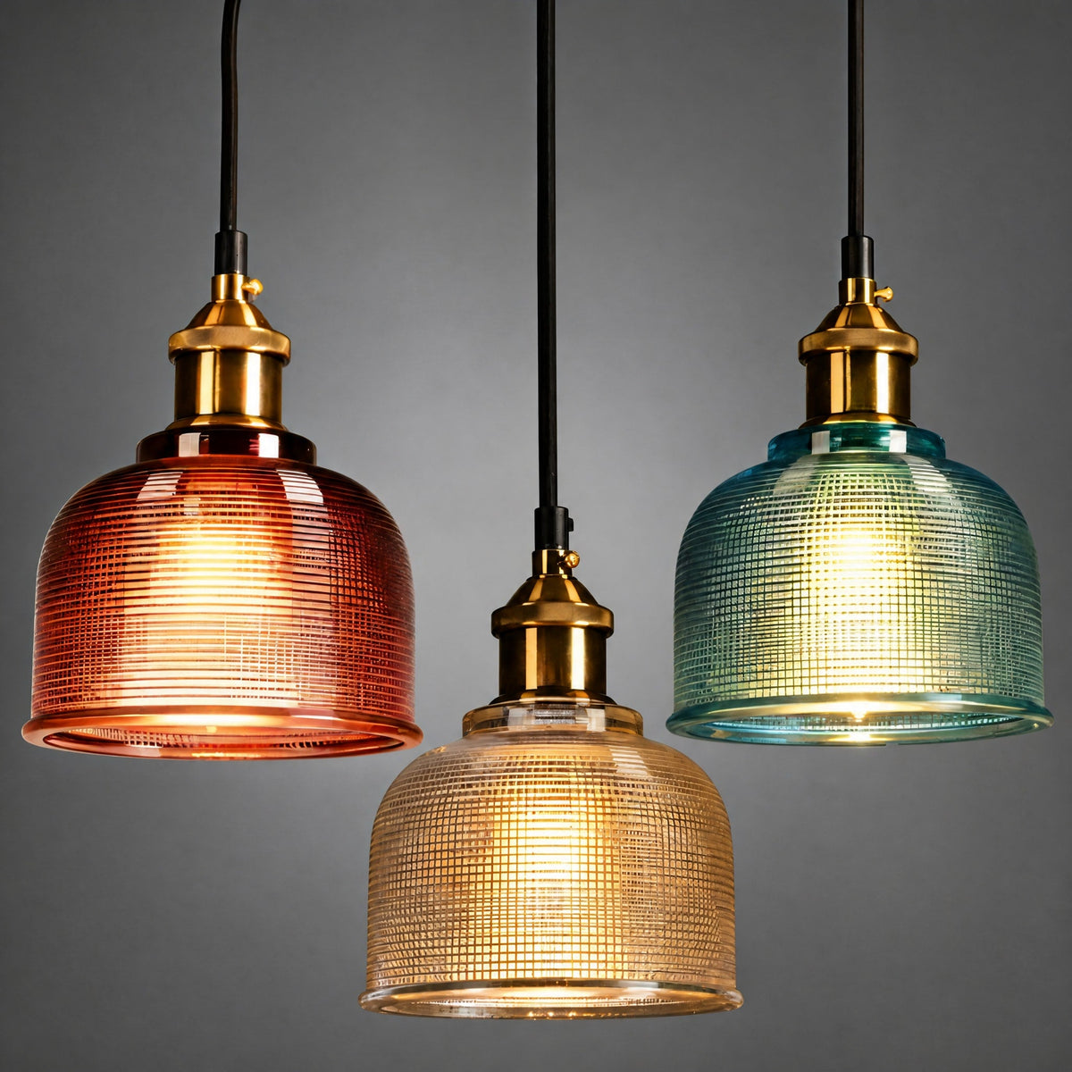 Ribbed Glass Dome Pendant Light with Brass Fitting - Pendant Light Fixtures - Brown - Oaksoho