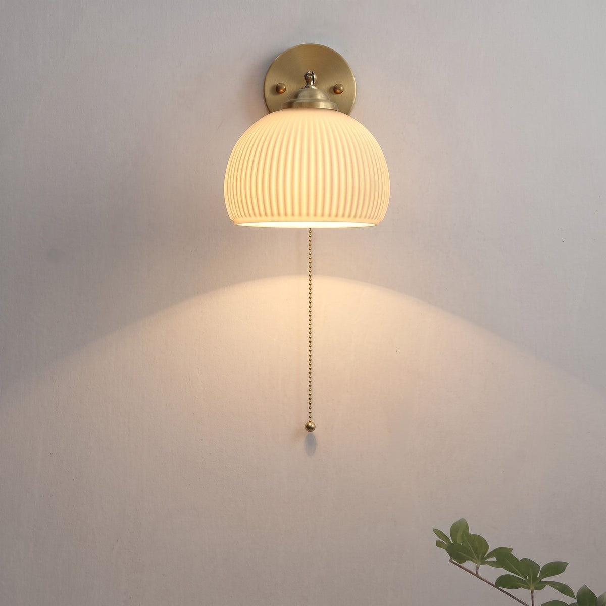Ribbed Glass Wall Light with Pull Cord - Wall Light Fixtures - Cylinder Shade - Oaksoho
