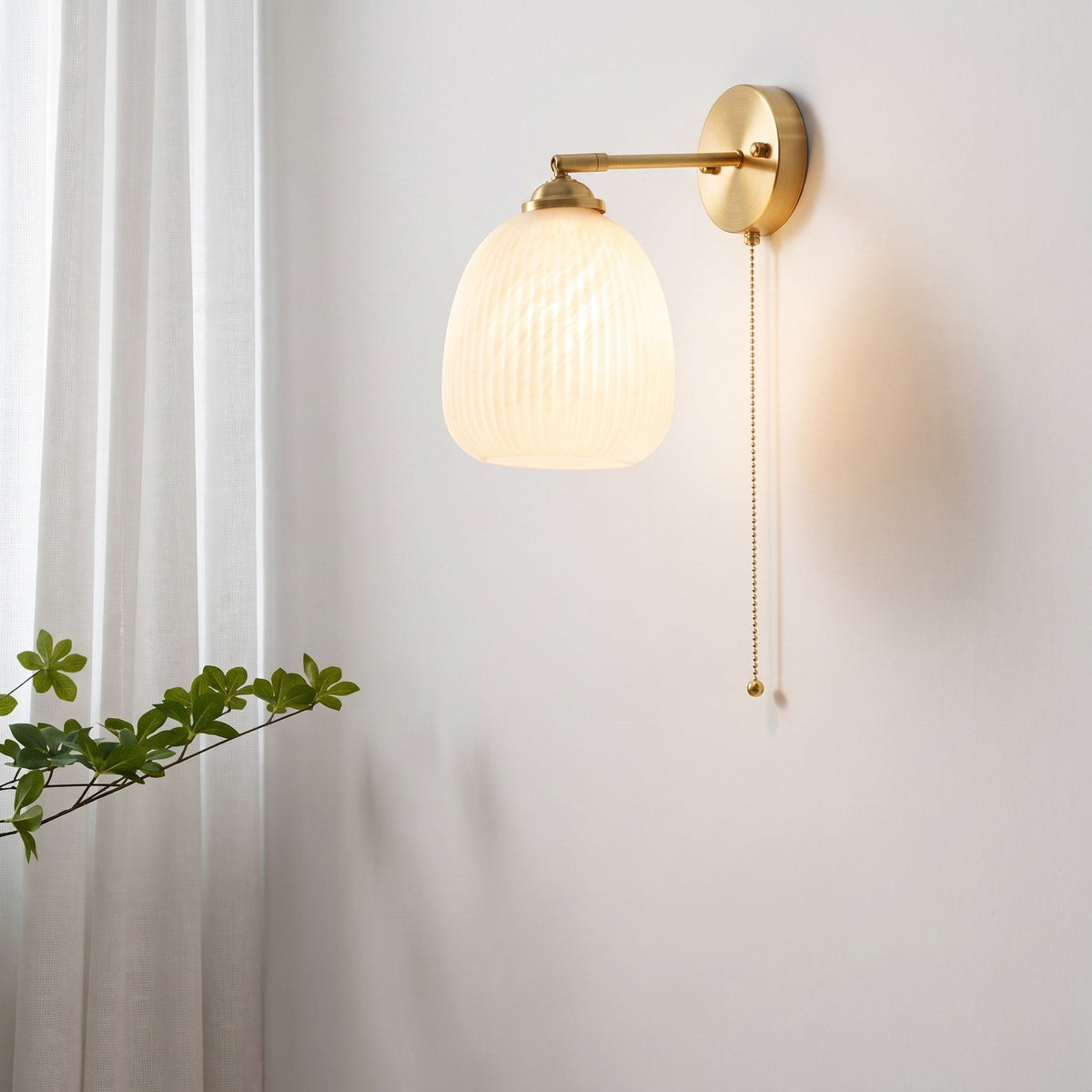 Ribbed Glass Wall Light with Pull Cord - Wall Light Fixtures - Dome Shade - Oaksoho
