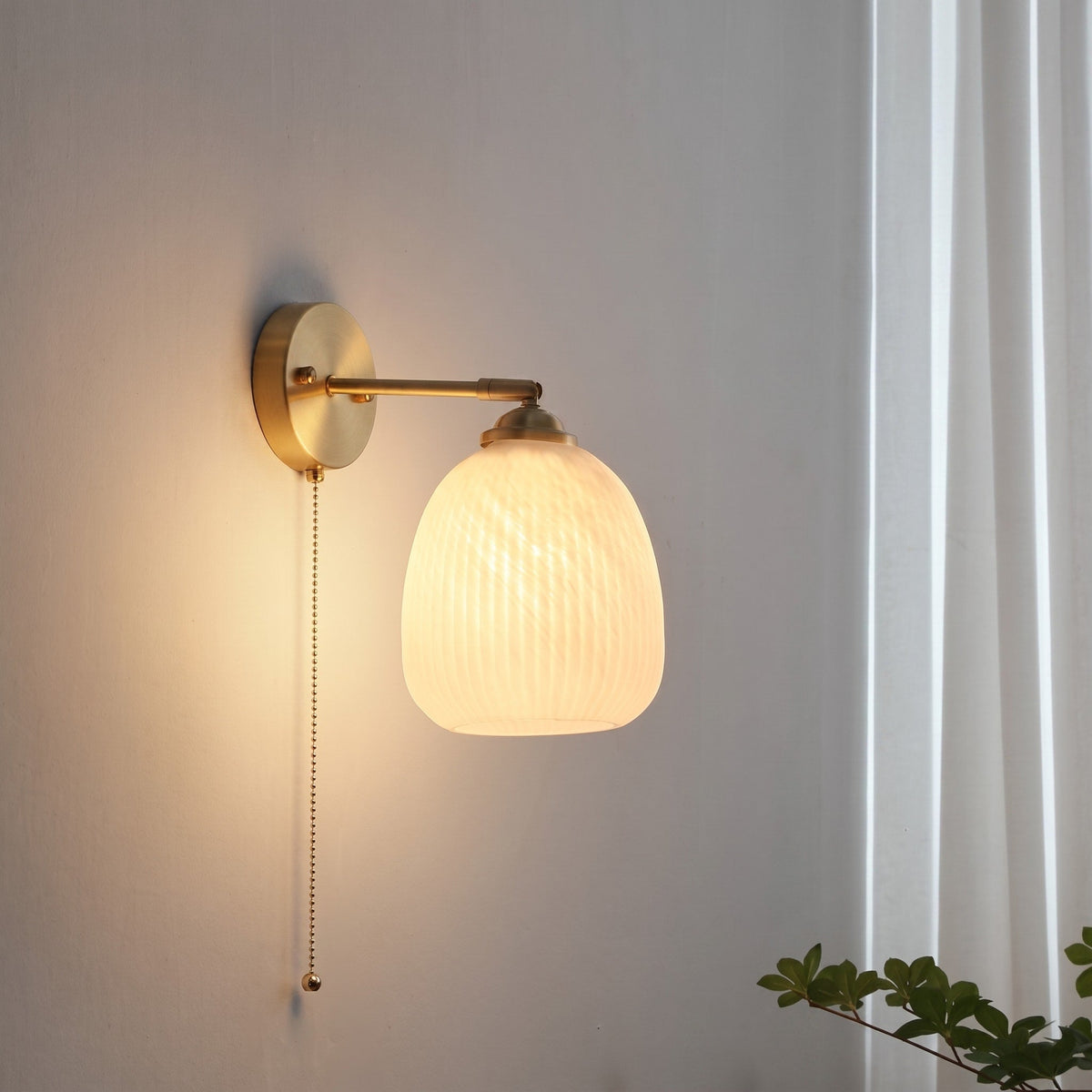 Ribbed Glass Wall Light with Pull Cord - Wall Light Fixtures - Dome Shade - Oaksoho