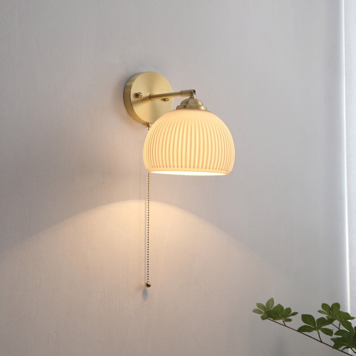 Ribbed Glass Wall Light with Pull Cord - Wall Light Fixtures - Cylinder Shade - Oaksoho