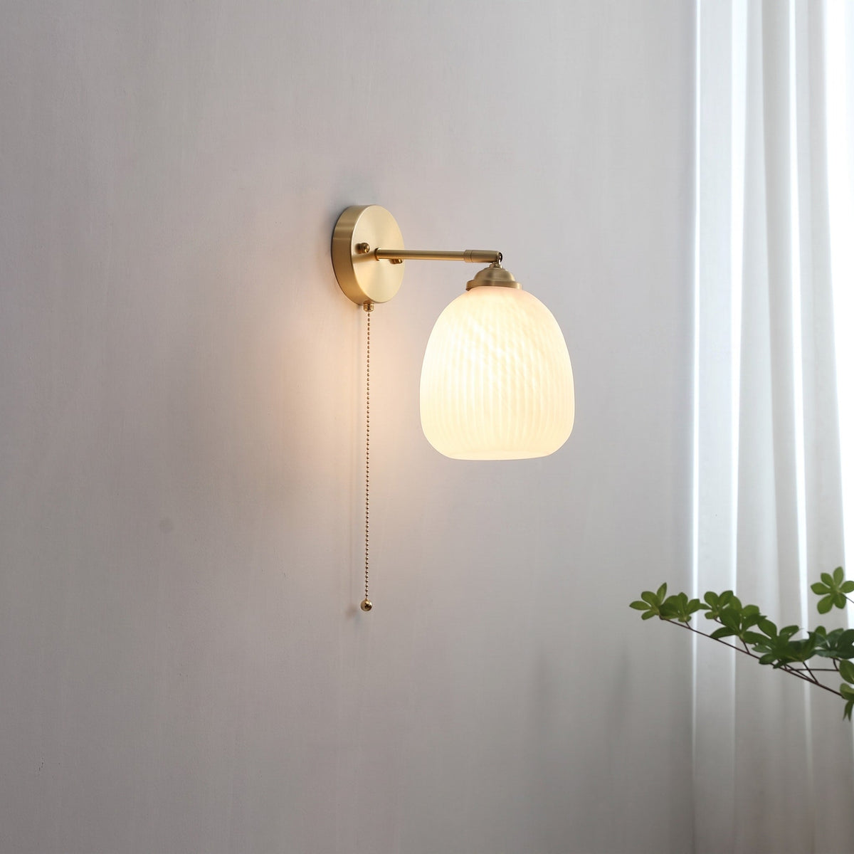 Ribbed Glass Wall Light with Pull Cord - Wall Light Fixtures - Bell Shade - Oaksoho