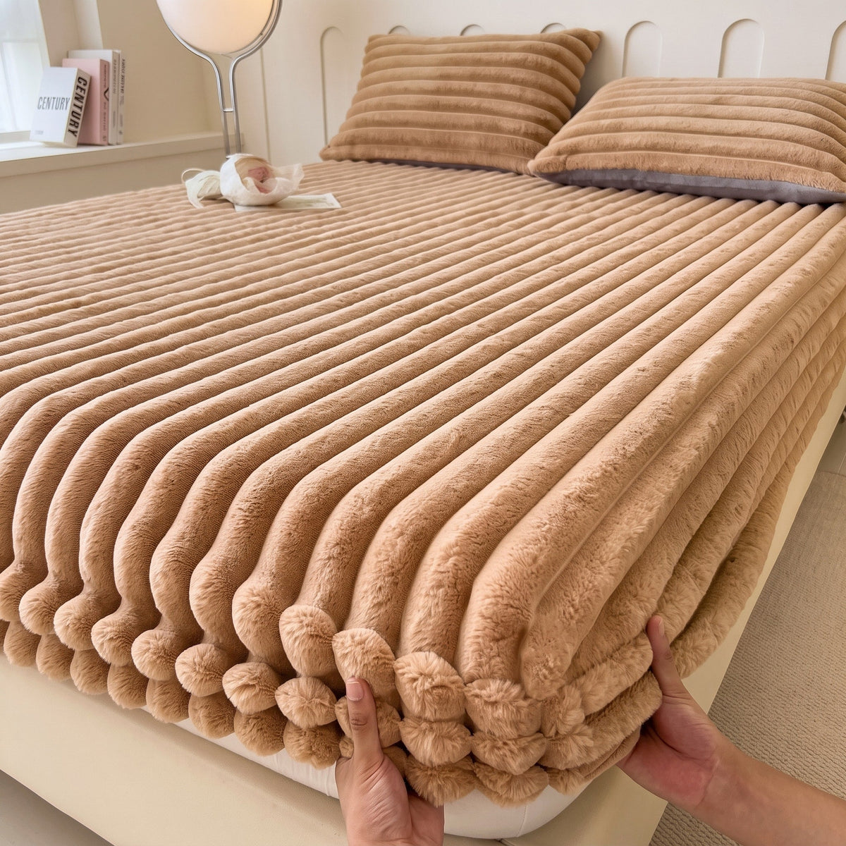 Ribbed Plush Fitted Bed Sheet with Deep Pockets - Bed Sheets - Brown - Oak Soho