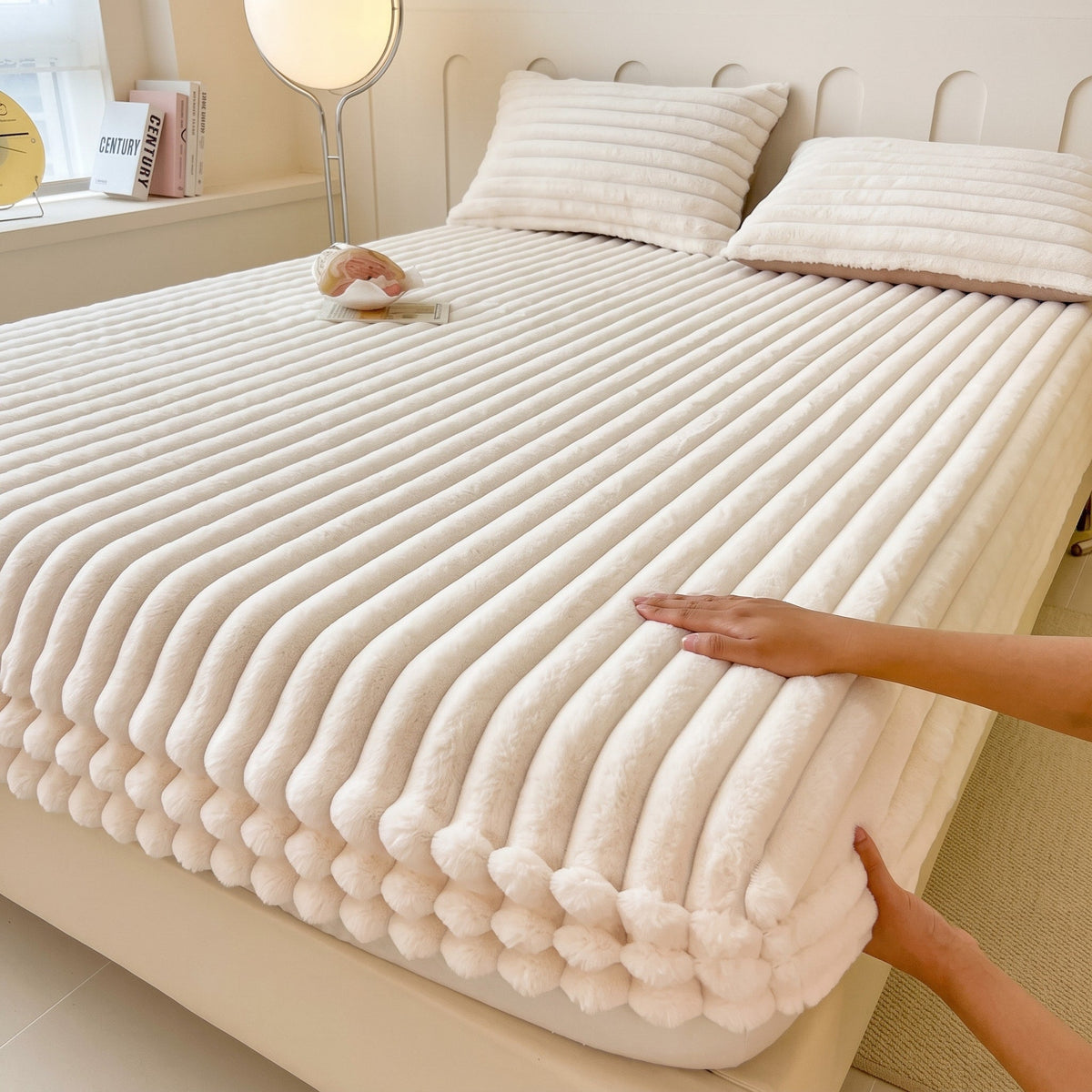 Ribbed Plush Fitted Bed Sheet with Deep Pockets - Bed Sheets - Beige - Oak Soho