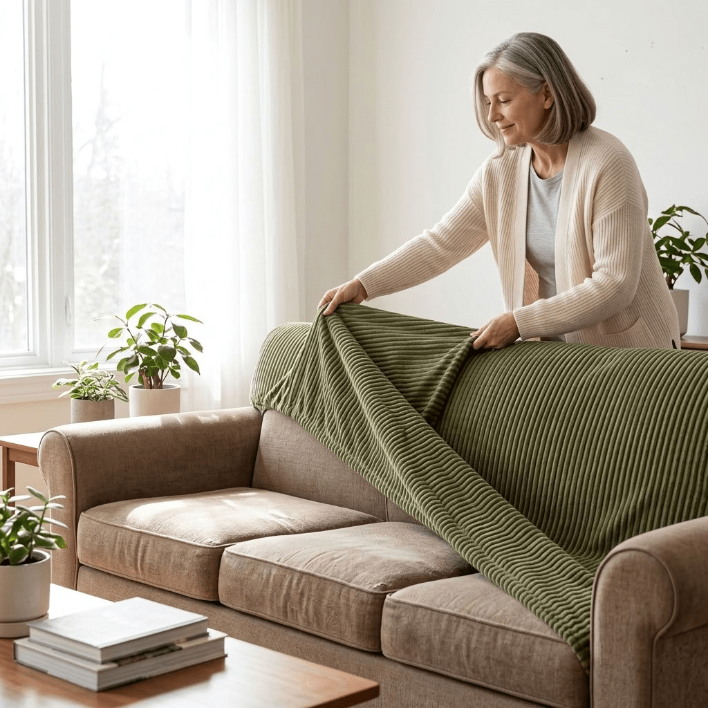Ribbed Stretch Sofa Cover with Non-Slip Elastic Fit - Green - Oak Soho