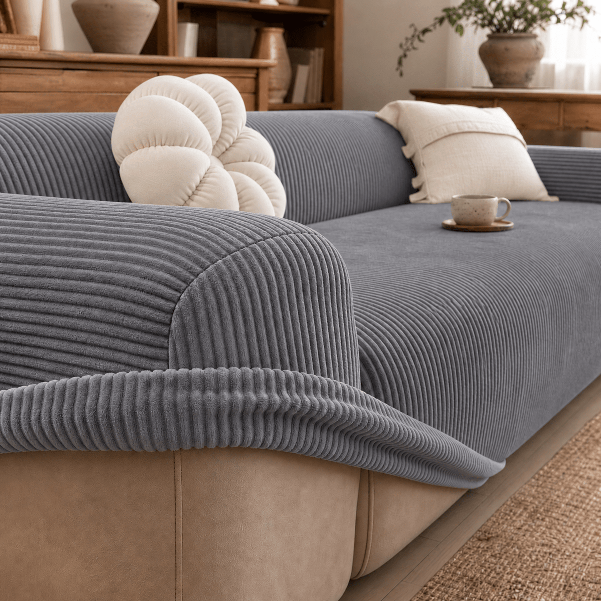 Ribbed Stretch Sofa Cover with Non-Slip Elastic Fit - Grey - Oak Soho