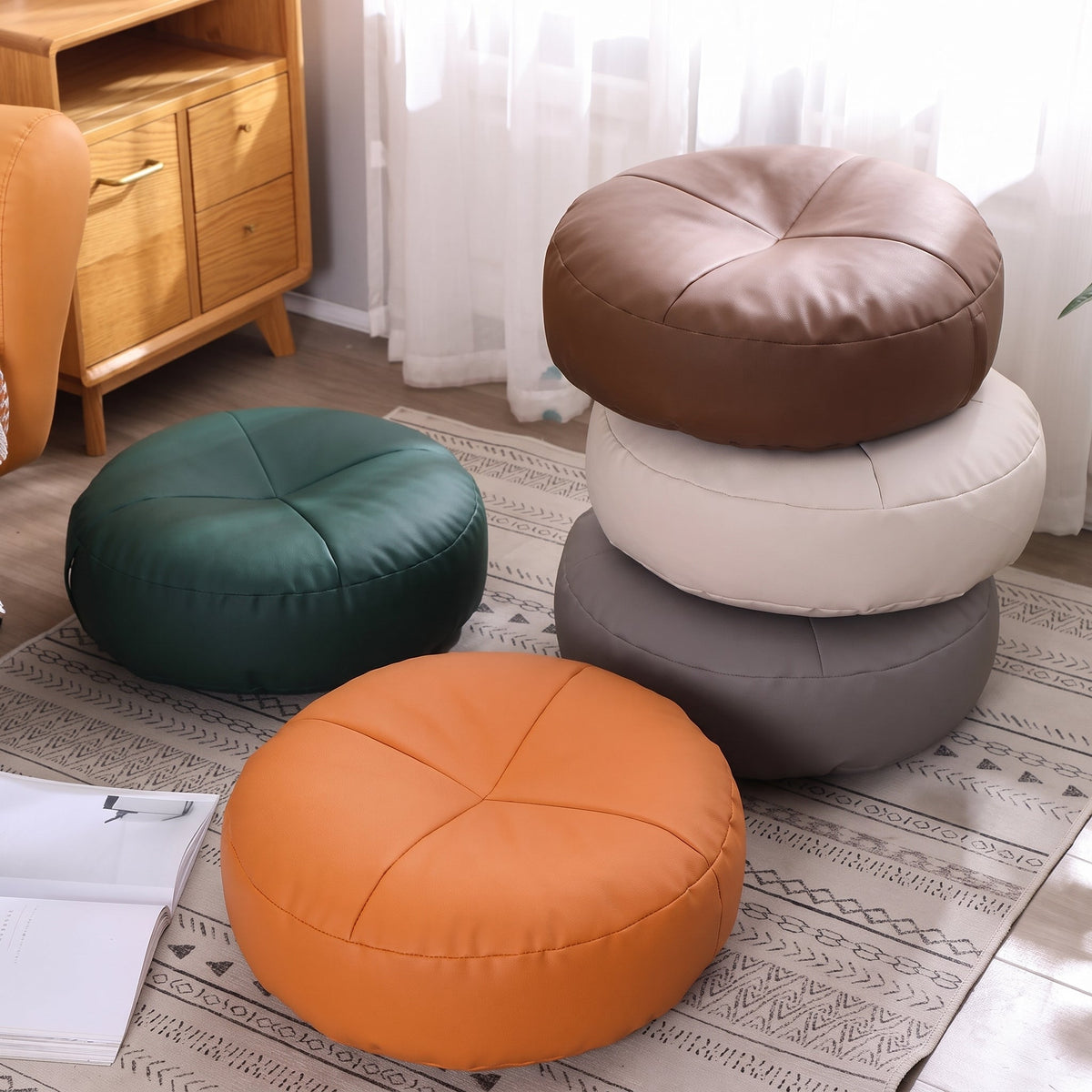 Round Floor Cushion with Segmented Panel Design - Ottomans - Green - Oak Soho