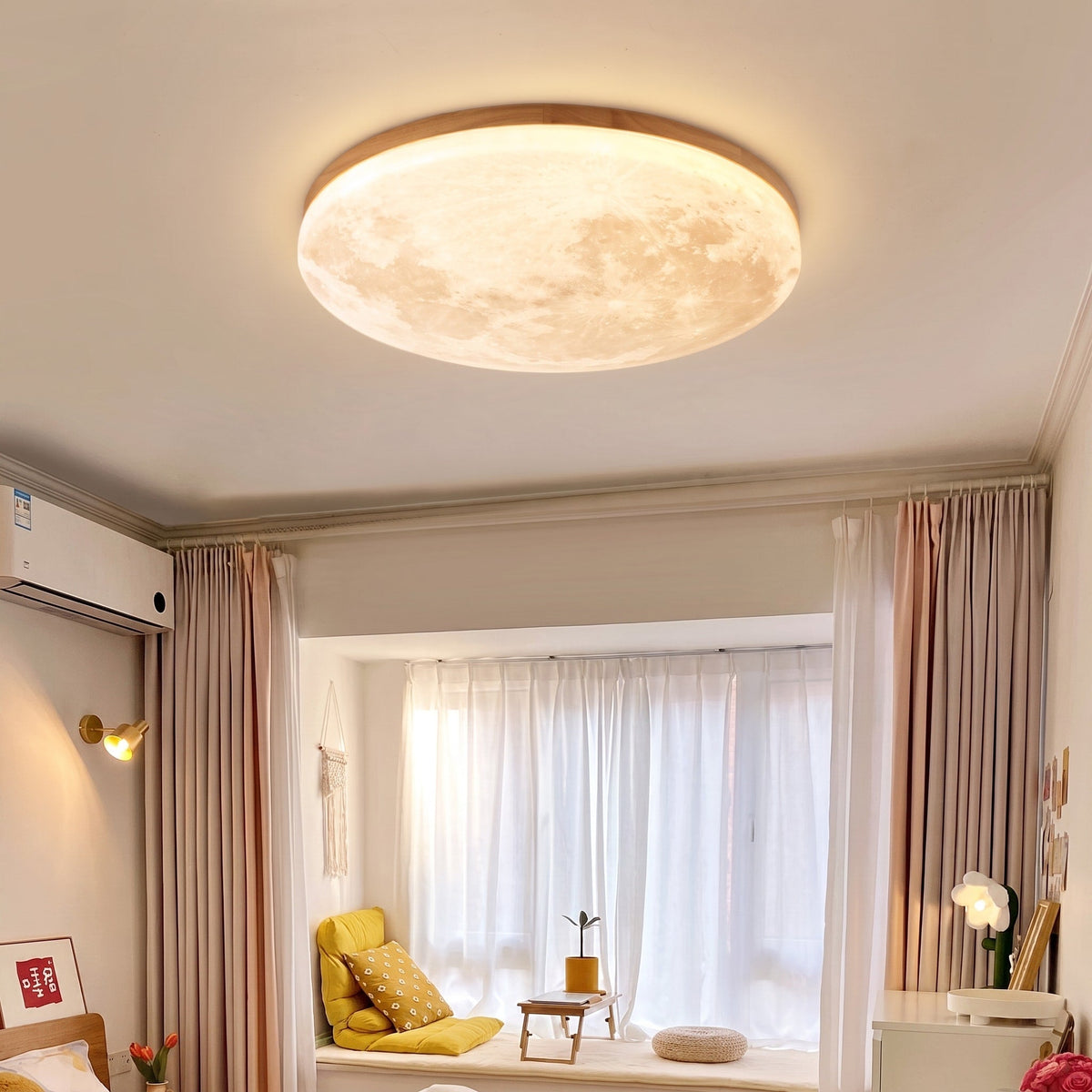 Round Moon Design LED Flush Mount Ceiling Light - Ceiling Light Fixtures - Wood - Oaksoho