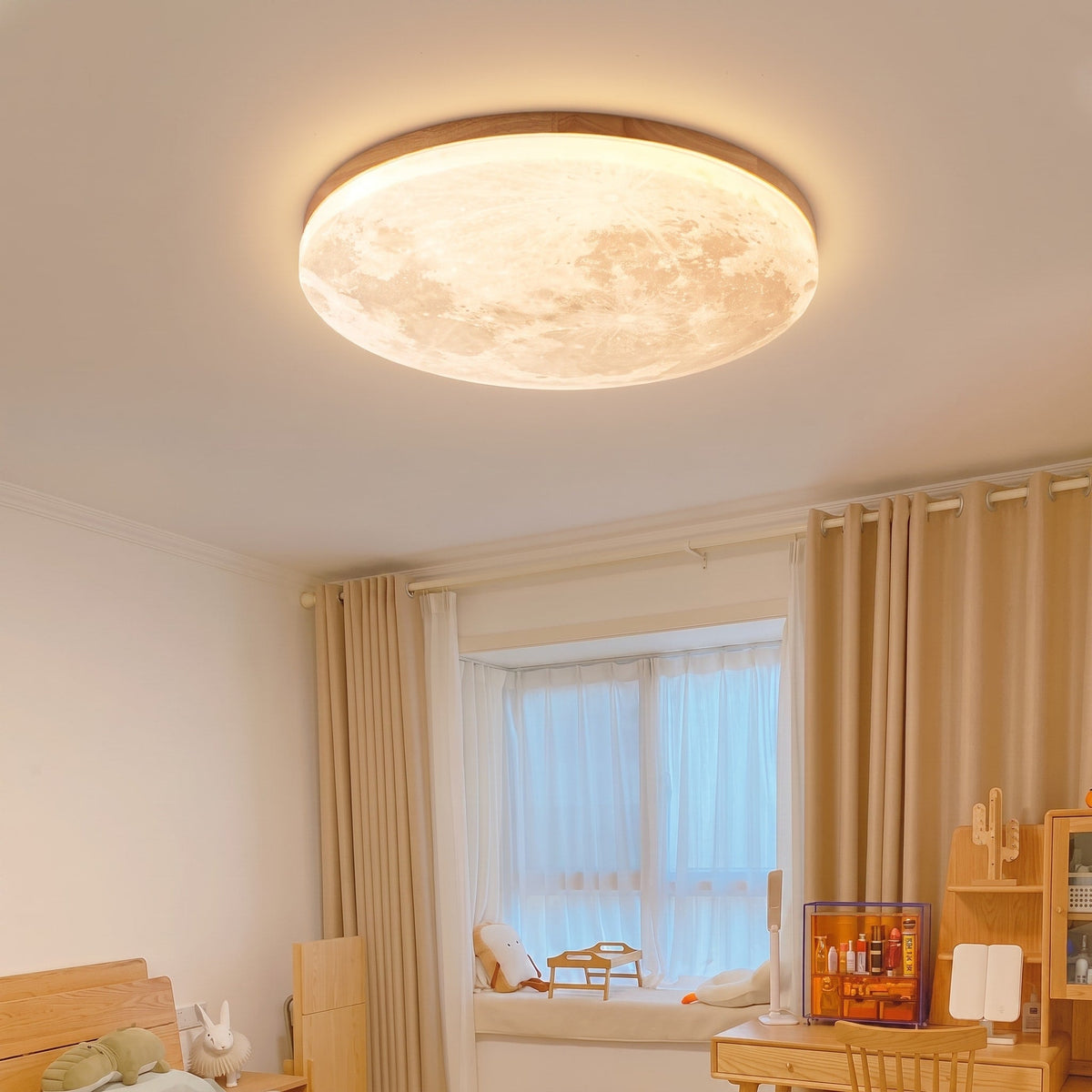 Round Moon Design LED Flush Mount Ceiling Light - Ceiling Light Fixtures - Wood - Oaksoho