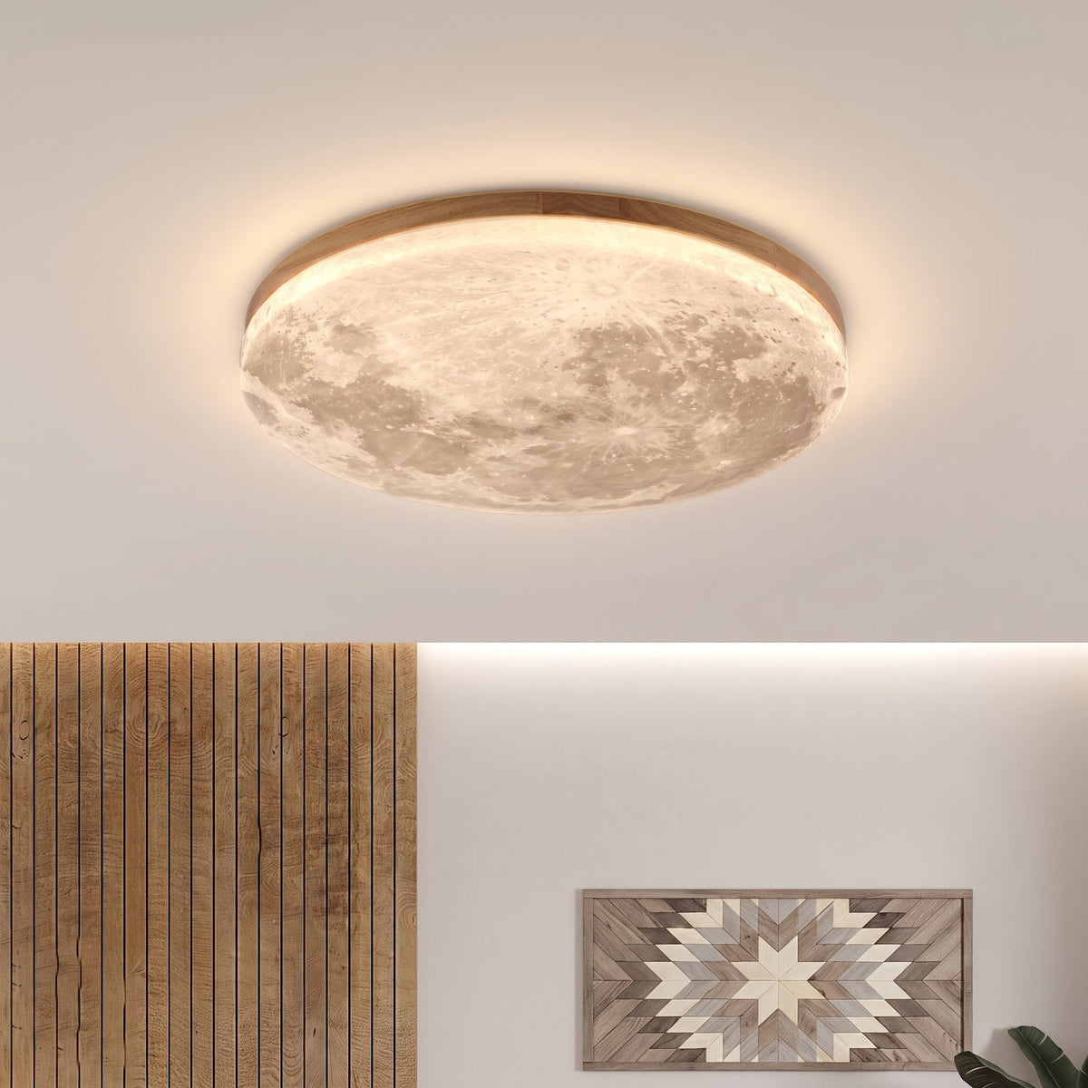 Round Moon Design LED Flush Mount Ceiling Light - Ceiling Light Fixtures - Walnut - Oaksoho